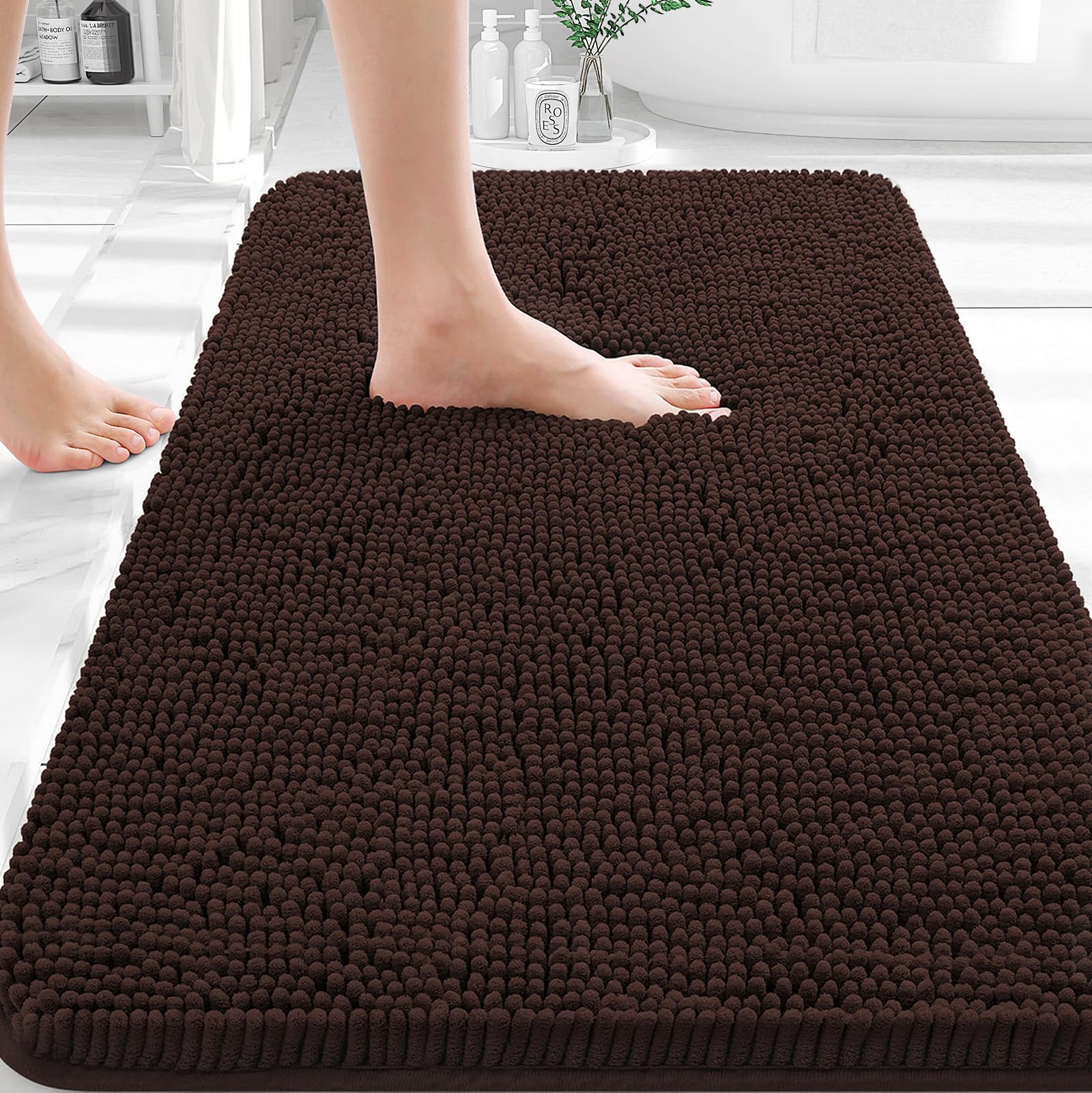 OLANLY Bathroom Rugs 35x24, Extra Soft Absorbent Chenille Bath Rugs | Brown, Quick-Drying Rubber Backing, Machine Washable Bath Mat for Bathroom Floor, Tub and Shower, Home Decor Accessories