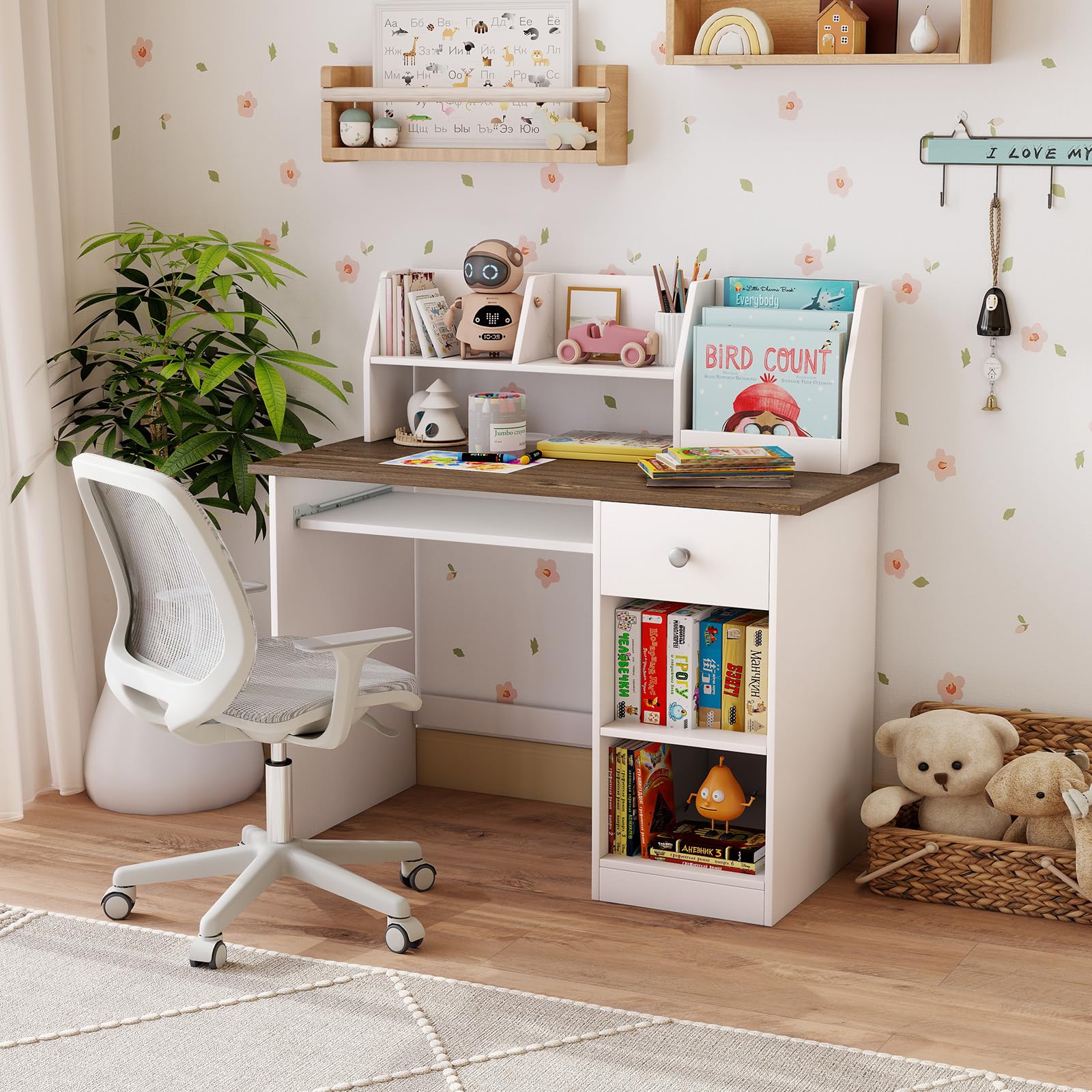 Bureau Enfant 90x45x90CM Bois avec Bibliothèque Tiroir 2 Etagères Plateau Clavier Anti-Bascule Charge 100KG Naturel