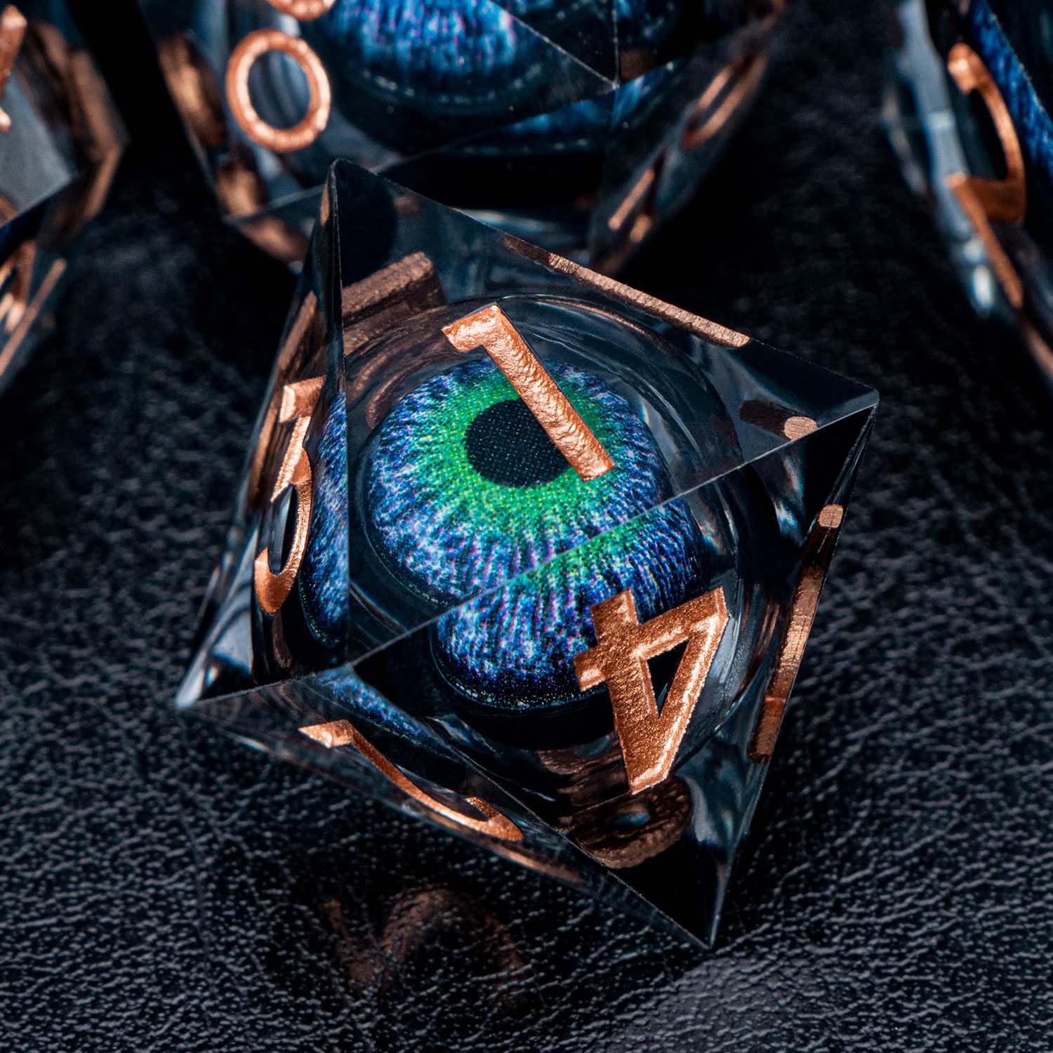 DND Set di dadi a forma di occhio di drago, con scatola, 7 pezzi, in resina, con bordo affilato, verde e blu, set di dadi poliedrici con nucleo liquido, dadi D e D, per giochi di ruolo D&D