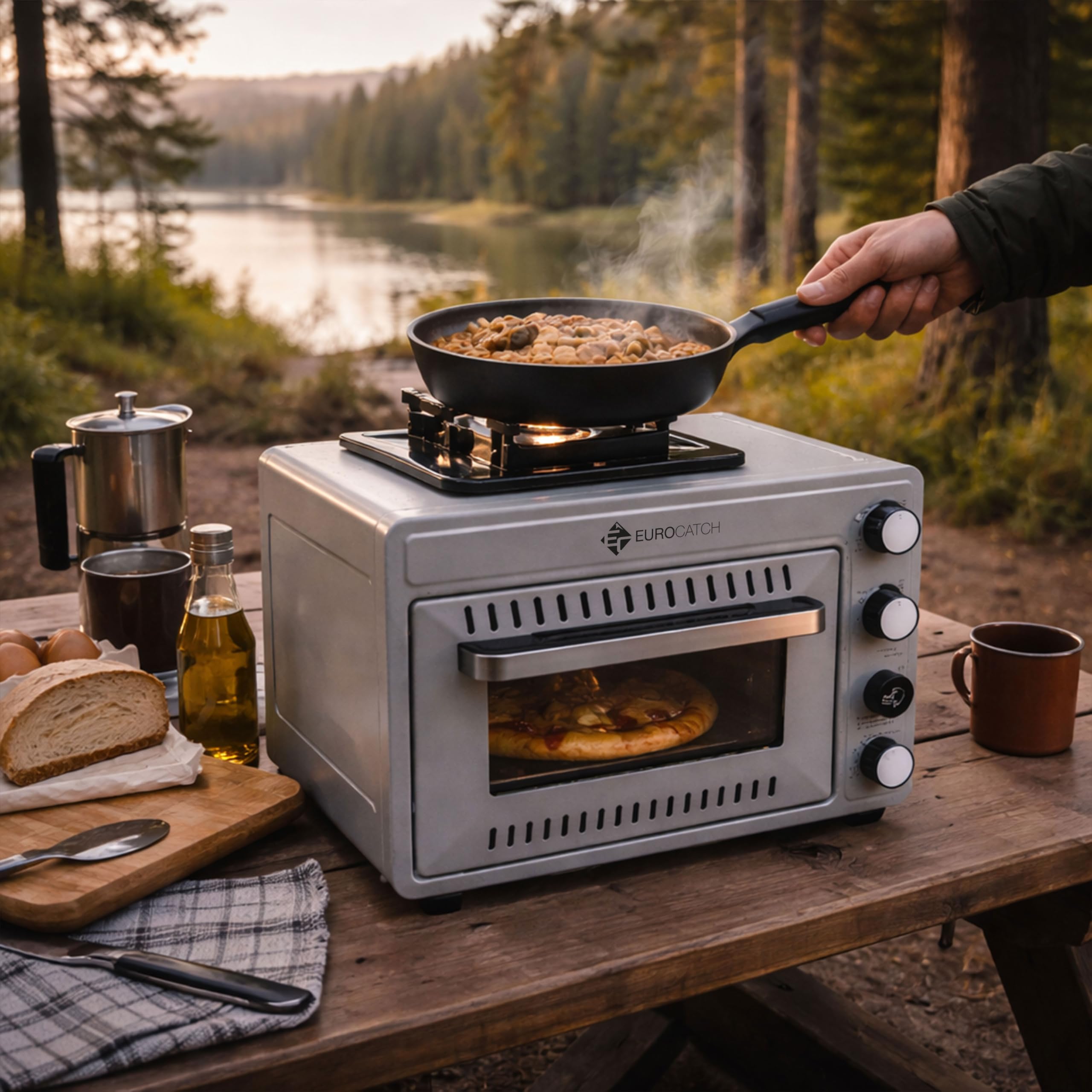 Tragbarer Gasofen für 227 g Gaskartuschen – Campingofen mit Brenner – 25,2 Liter – 2,1 kW – Elektronische Zündung – Outdoor & Zuhause