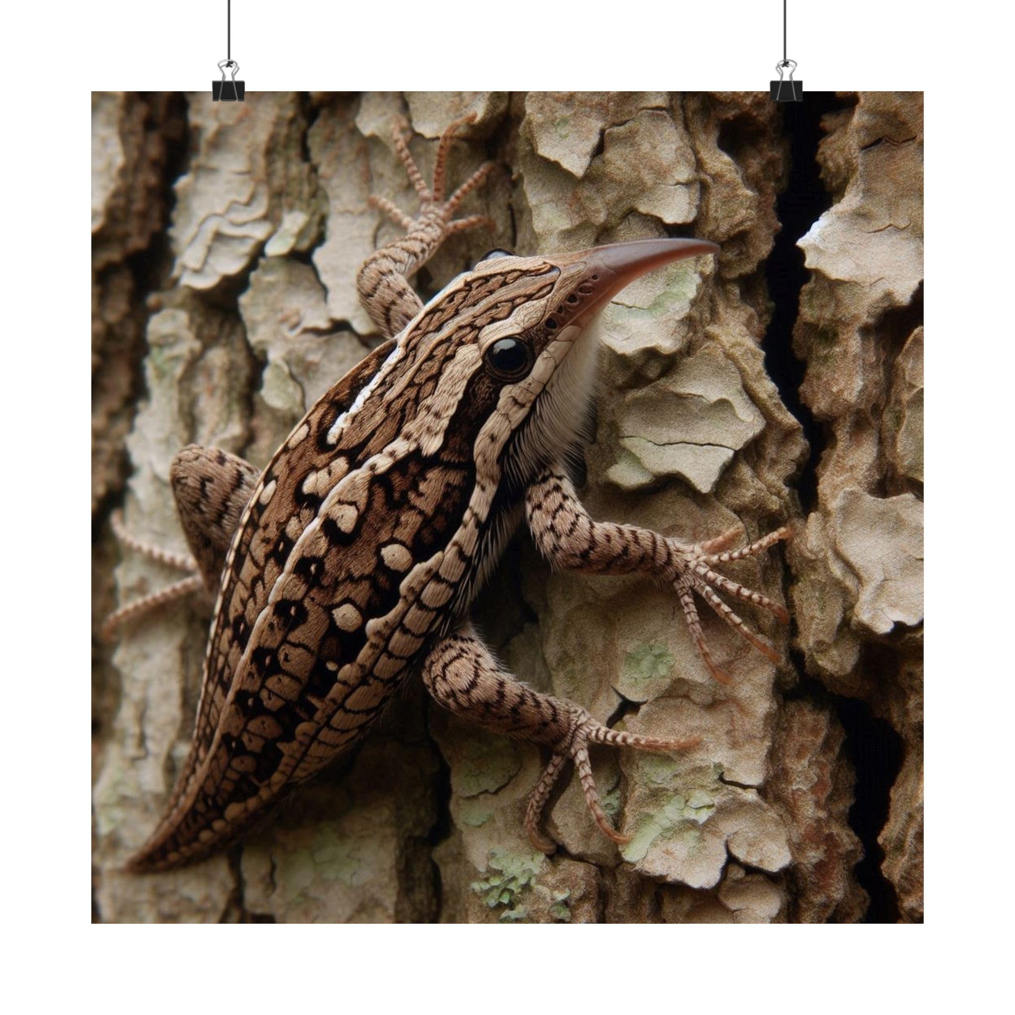 A Brown Creeper Scaling Oak Bark in Indiana - Made in USA - 18x18 Inch Matte Poster