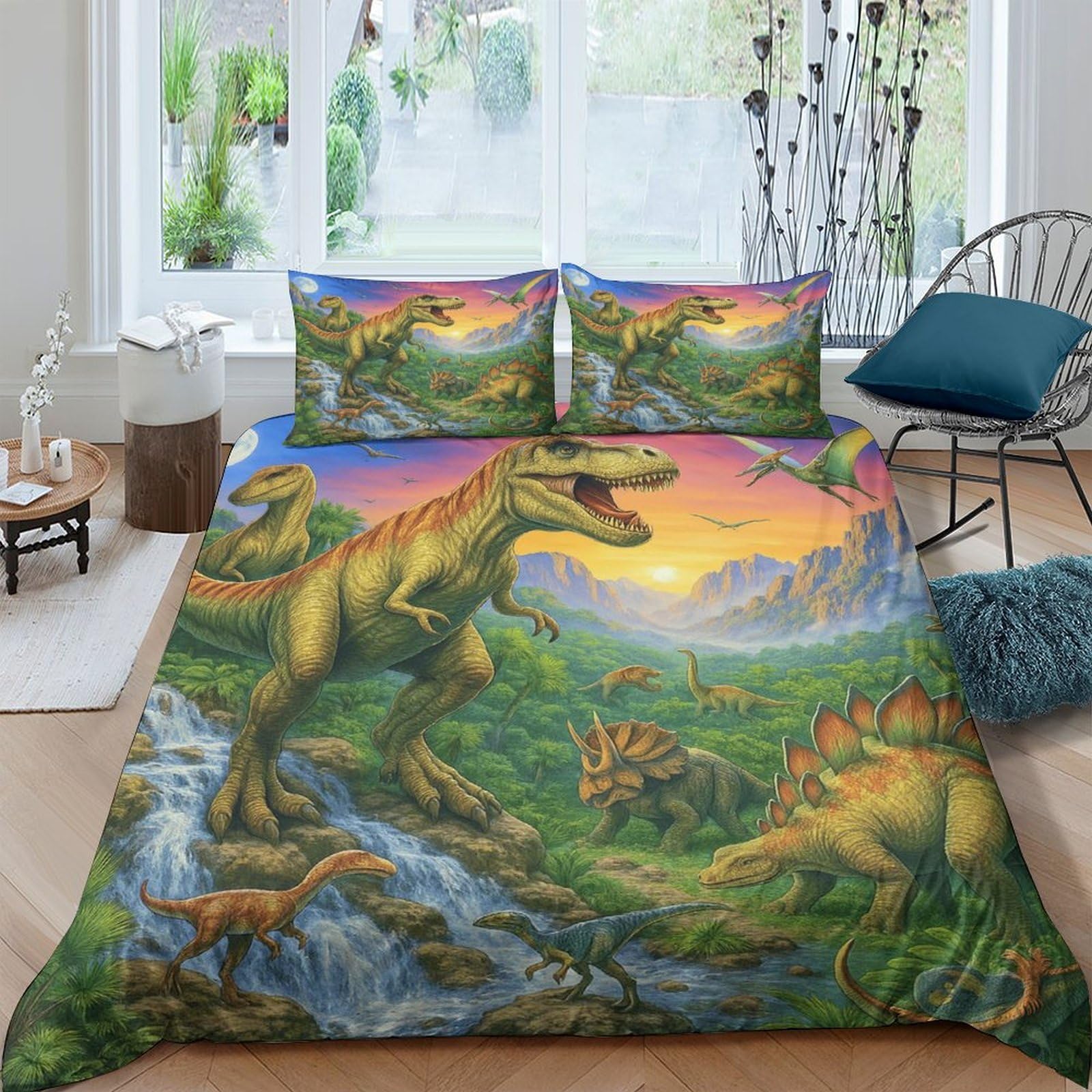 Ctjqhvkz Style-5 3D Printed Dinosaur Landscape Fitted Sheet Microfiber Soft Green Forest Mattress Cover For Bedroom Guestroom Dormitory Decor Single（135X200cm）