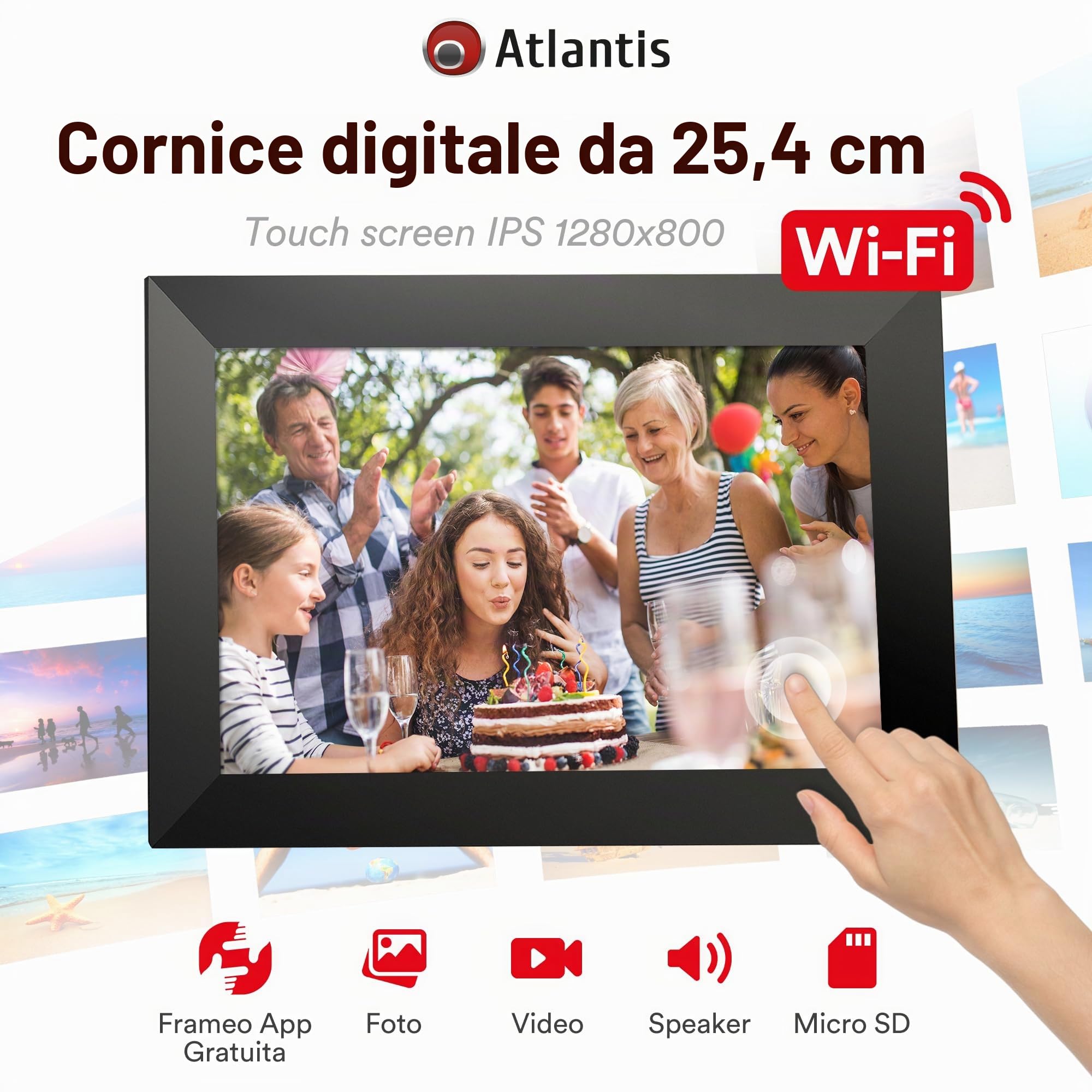 Atlantis Cornice Digitale WiFi 10 Pollici, Touch Screen, condividi foto e video via APP, portafoto digitale, rotazione automatica, orologio e meteo, Memoria 1GB RAM + 16GB per foto, Slot Micro SD.