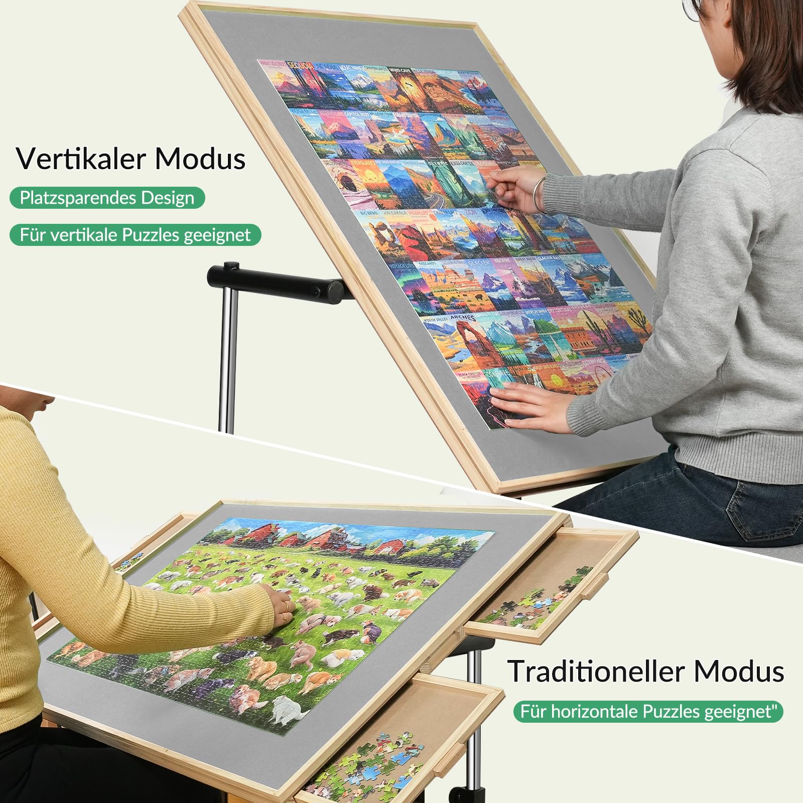 Tavolo puzzle da 1500 pezzi con gambe e ruote, tavolo puzzle in legno con 4 cassetti e copertura, stabilità migliorata e design leggero ottimizzato, opzione verticale