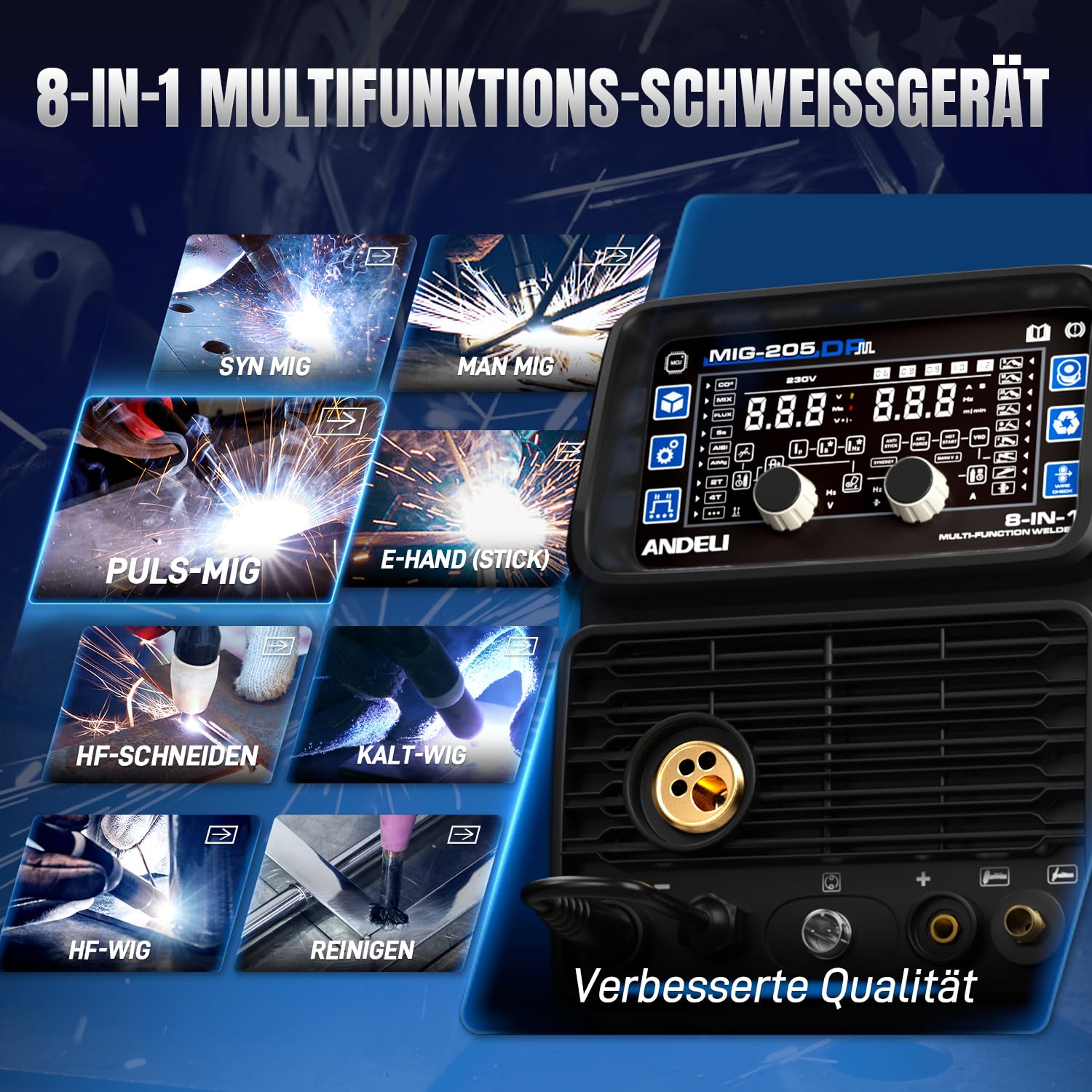 ANDELI MIG-205DP 8-in-1 Multiprozess-Schweißgerät 230V – 205A Puls-MIG/Gas-MIG/WIG HF/Plasmaschneider/Fülldraht/Cold/Clean/E-Hand, IGBT, für Alu/Stahl/Edelstahl, Neuestes Modell 2026