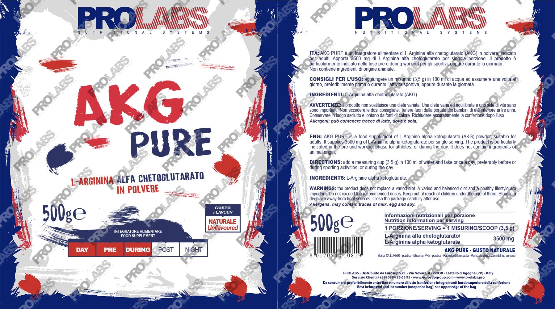 PROLABS AKG PURE – Arginina Alfa Chetoglutarato (AAKG) in Polvere Pura | Pump, Energia e Performance | Pre Workout | Alta Qualità e Purezza | Vegan