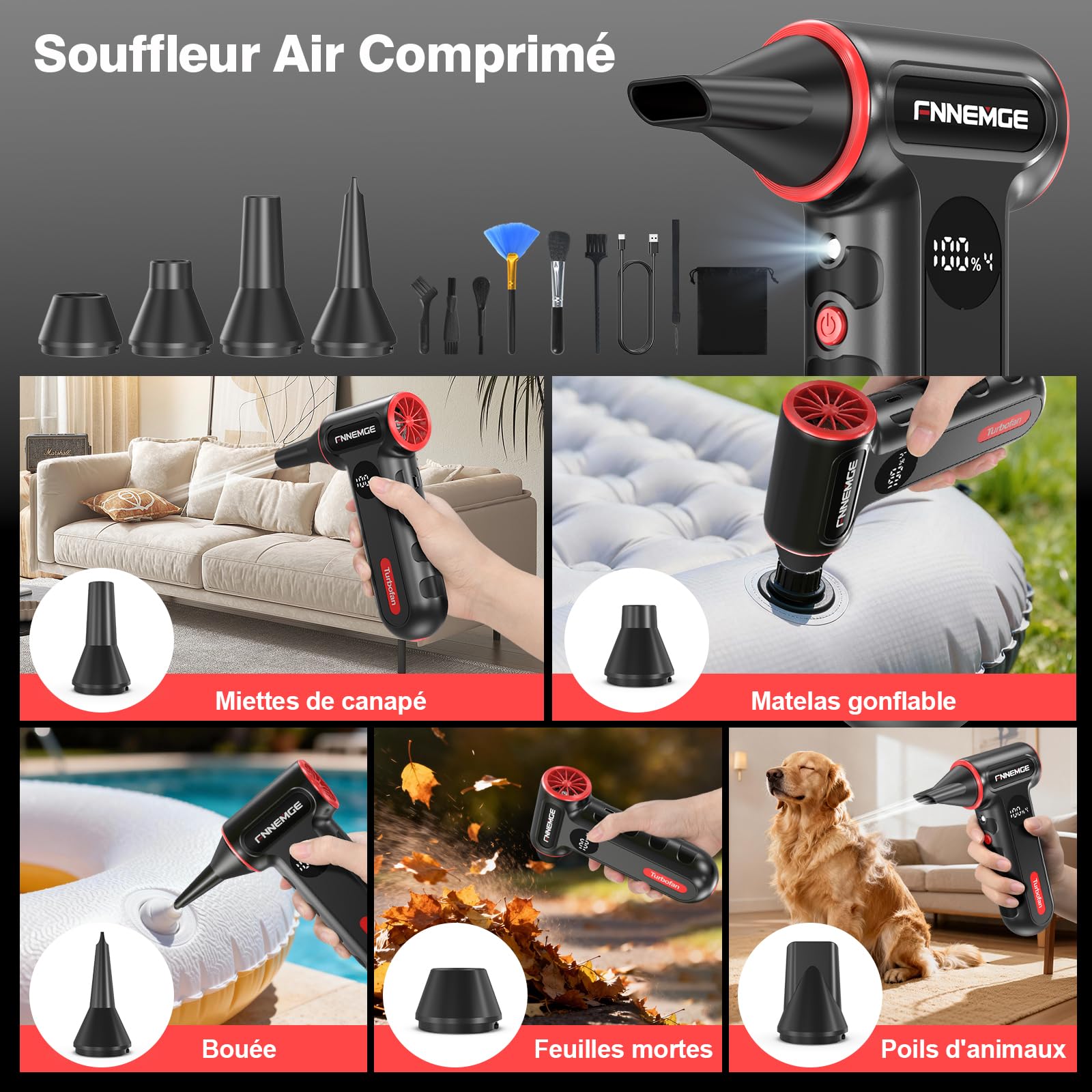 FNNEMGE Souffleur Air Comprimé 220000 tr/min, Dépoussiéreur Electrique à 4 Vitesses Réglables. Adapté à l'élimination de la Poussière sur Ordinateurs, Claviers, Voitures, en Extérieur et à la Maison