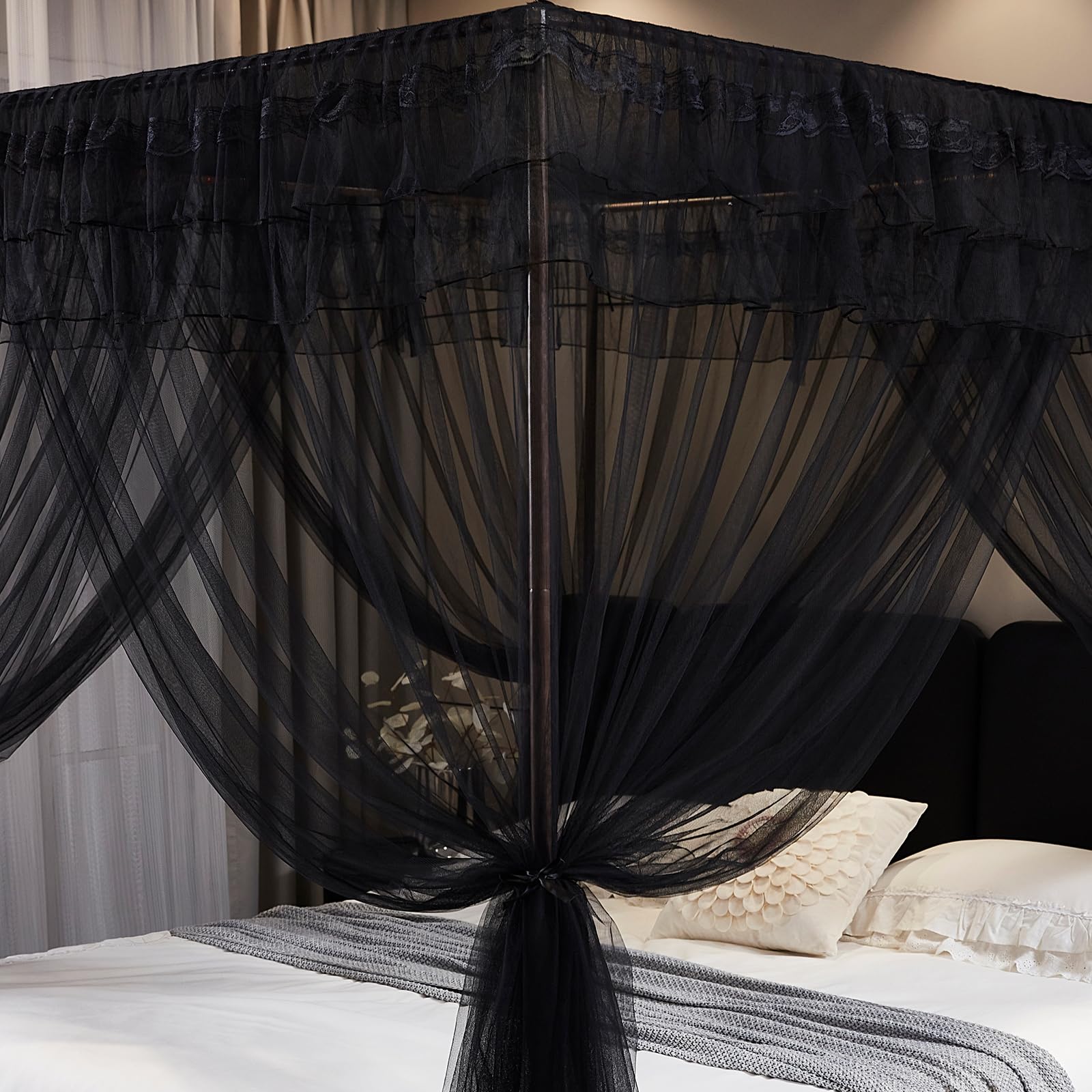 Kertnic Betthimmel-Vorhänge für Mädchen und Erwachsene, Queen-Size-Bett, Baldachin, Vorhänge, Netz, praktisches Moskitonetz für Bett, Schwarz, Kingsize-Bett - 218,4 cm B x 198,1 cm L x 208,3 cm H