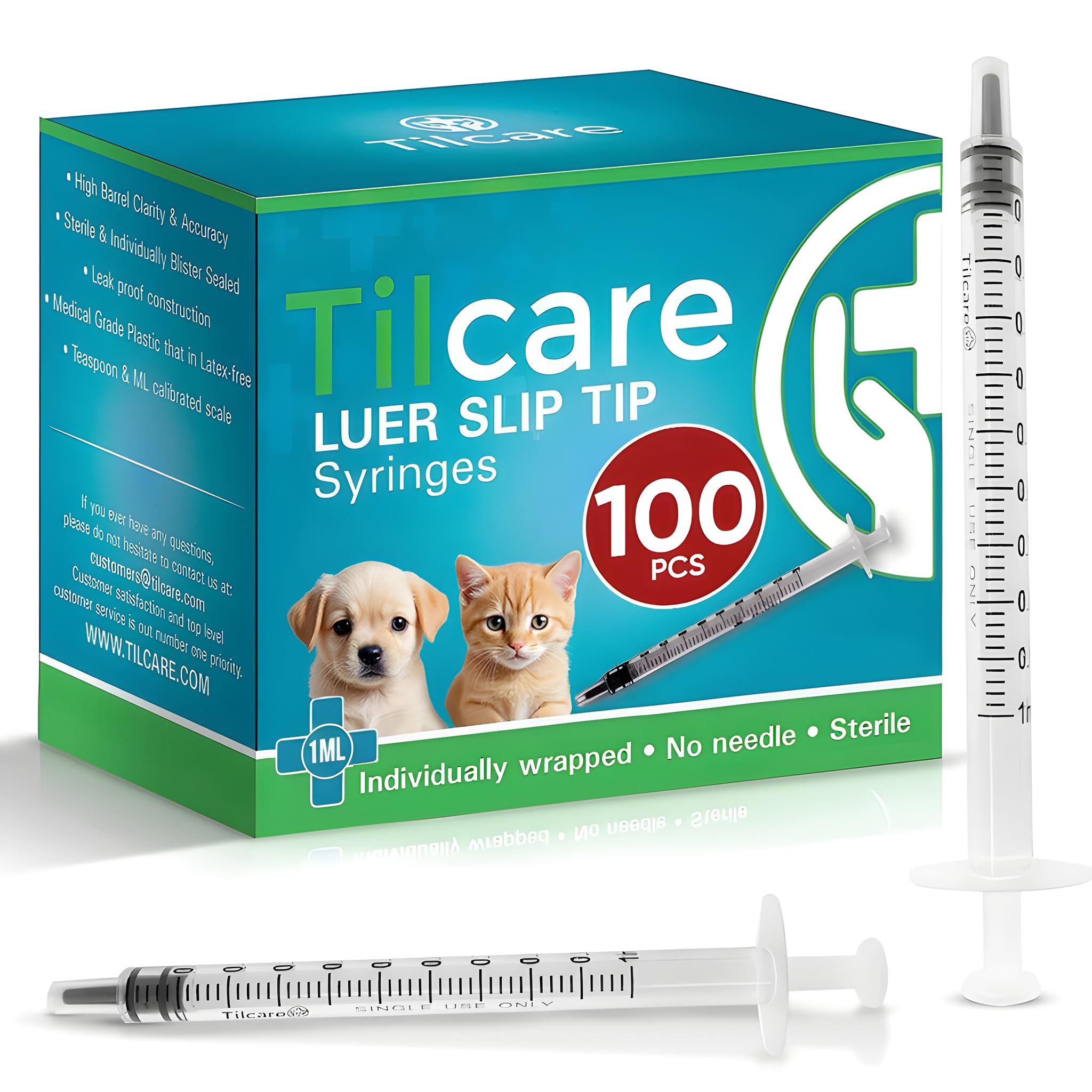 1ml Syringe Without Needle Luer Slip 100 Pack - Sterile Plastic Medicine Droppers for Children, Pets or Adults – Latex-Free