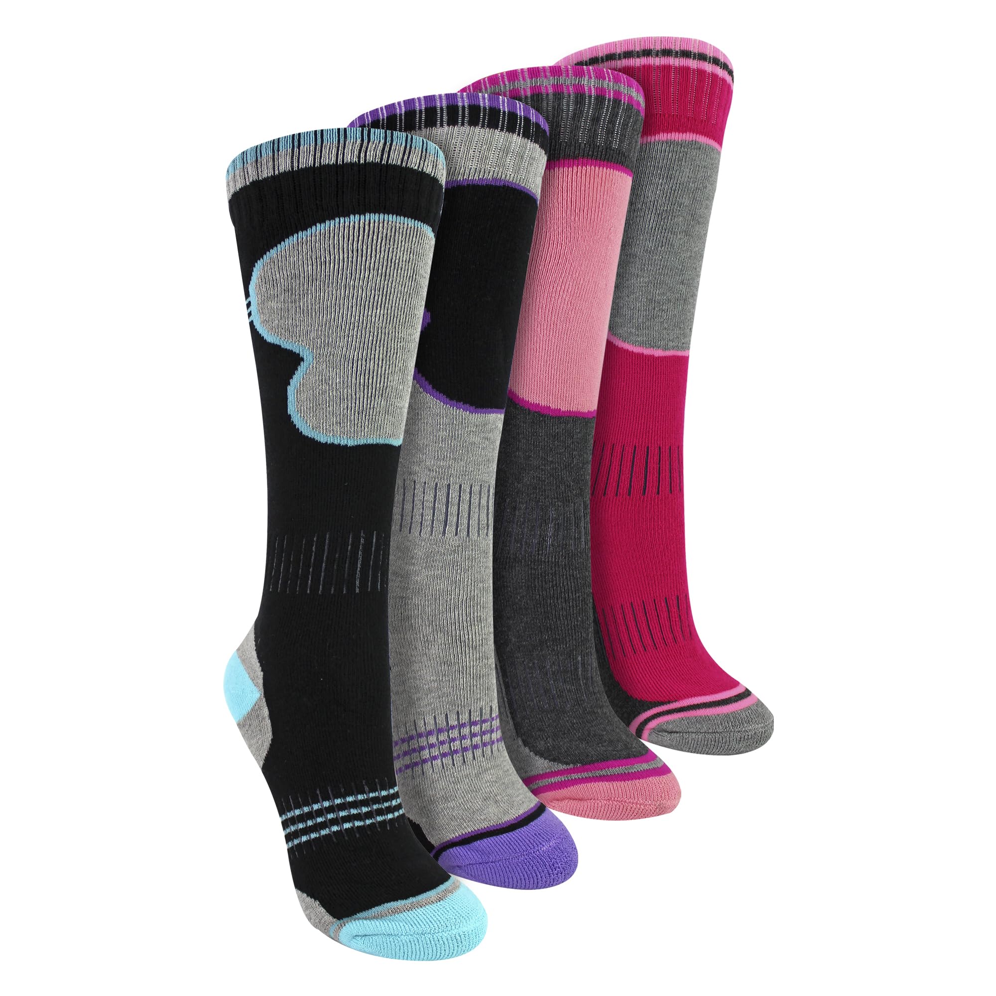 4 Pack Girls Ski Socks | Sock Snob | Thick Thermal Winter Socks for Kids (11-14 Years, Assorted)