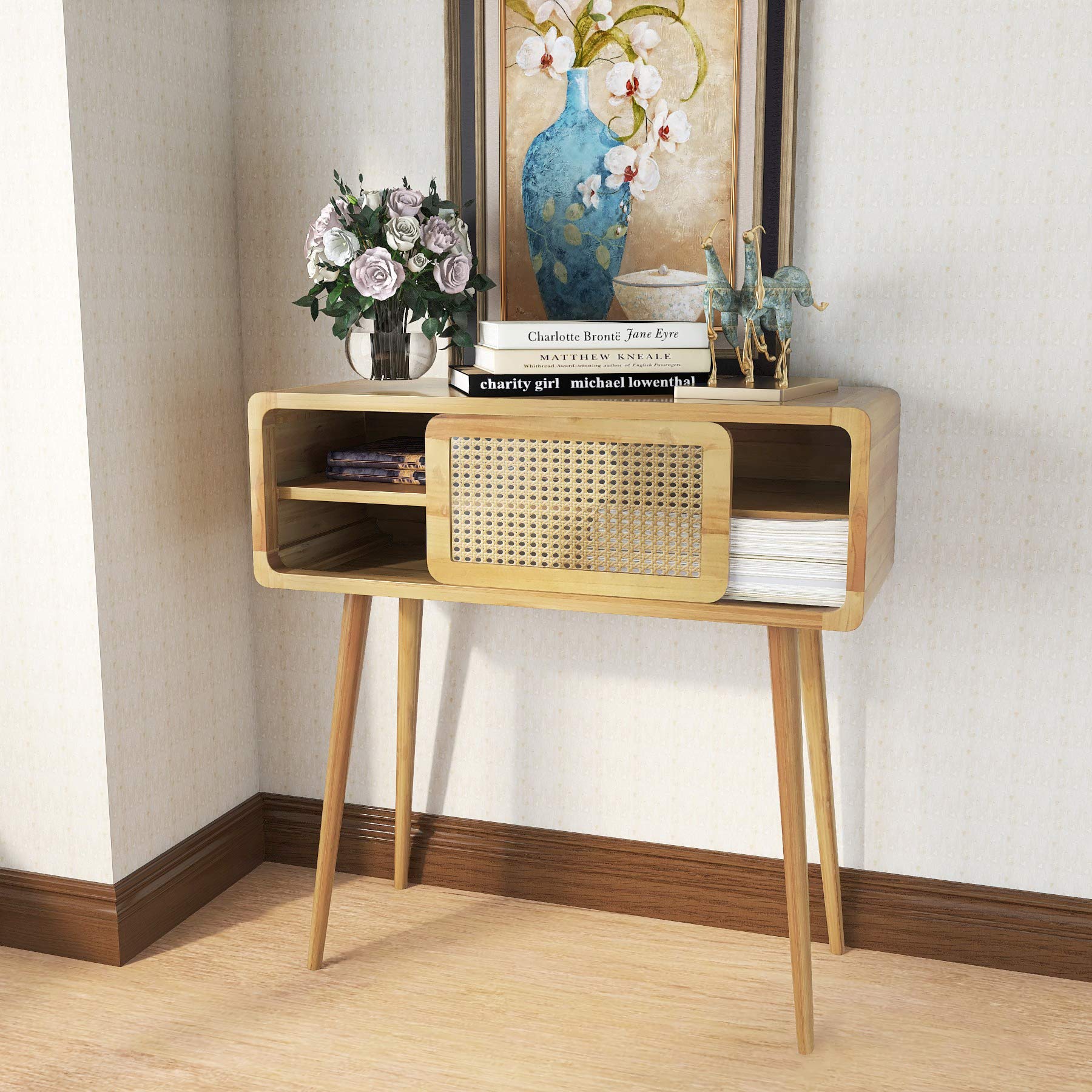 COZAYH Clean-Lined Sofa Table, Modern Minimalism Style Woven Shading Sliding Door Nightstand