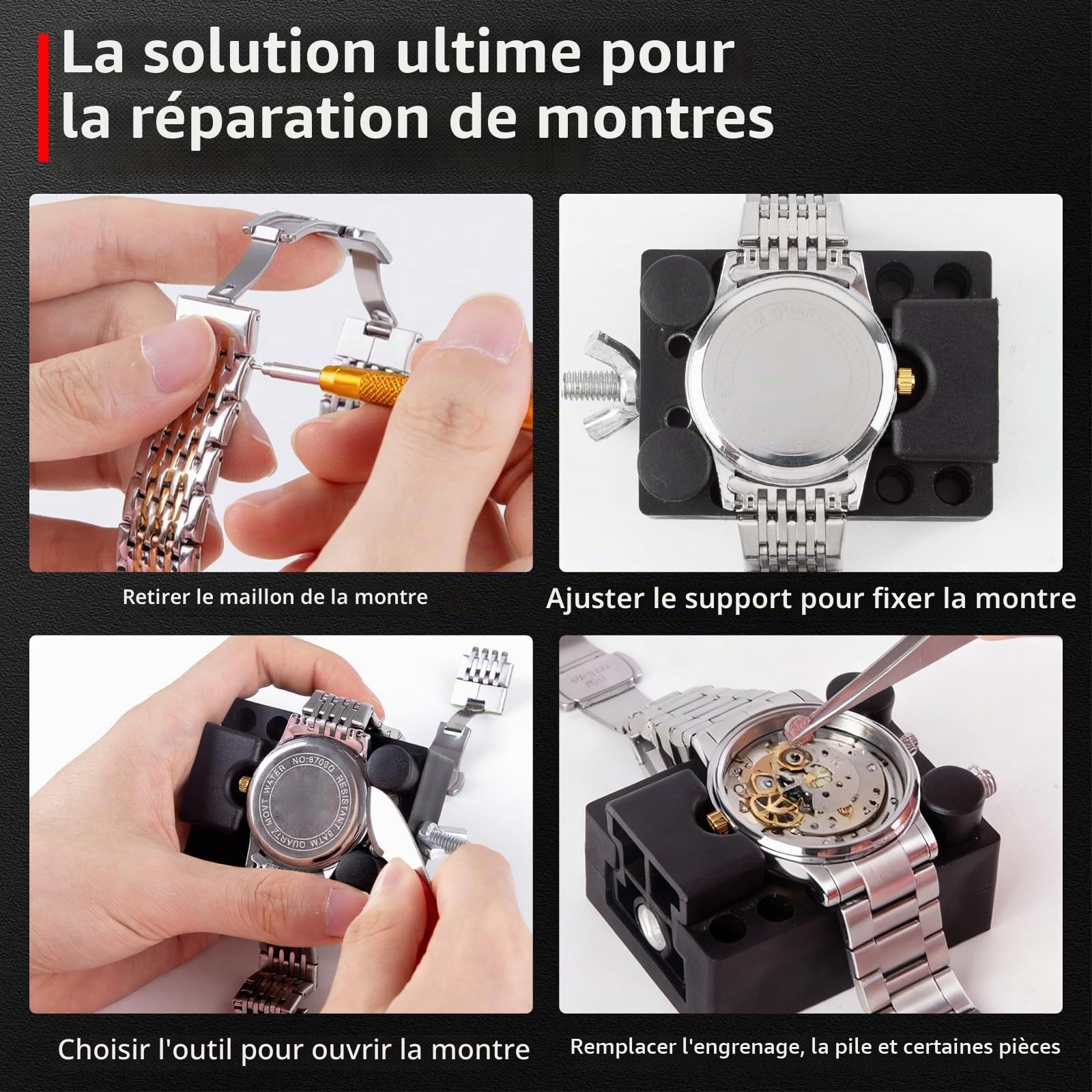 XOOL Kit de Réparation de Montres Professionnel 151 Pièces, Inclut Ouvre-boîtier Réglable, Poinçon pour Bracelet, Outil de Barre de Ressort, Détacheur de Maillons, Pince et Plus
