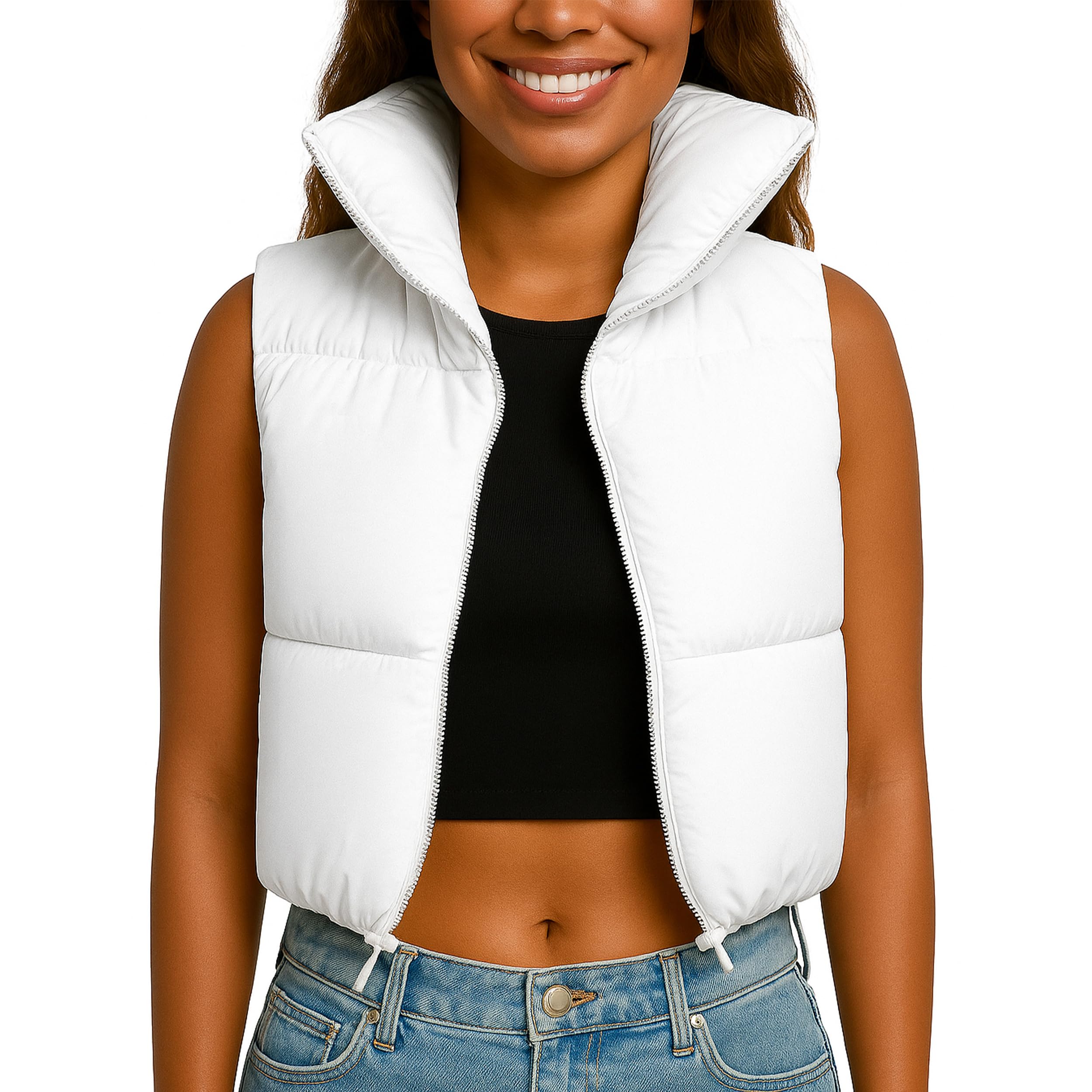 NY Threads Cropped Puffer Vest Women Lightweight Stand Collar Sleeveless Zip Up Winter Padded Gilet, Small, White
