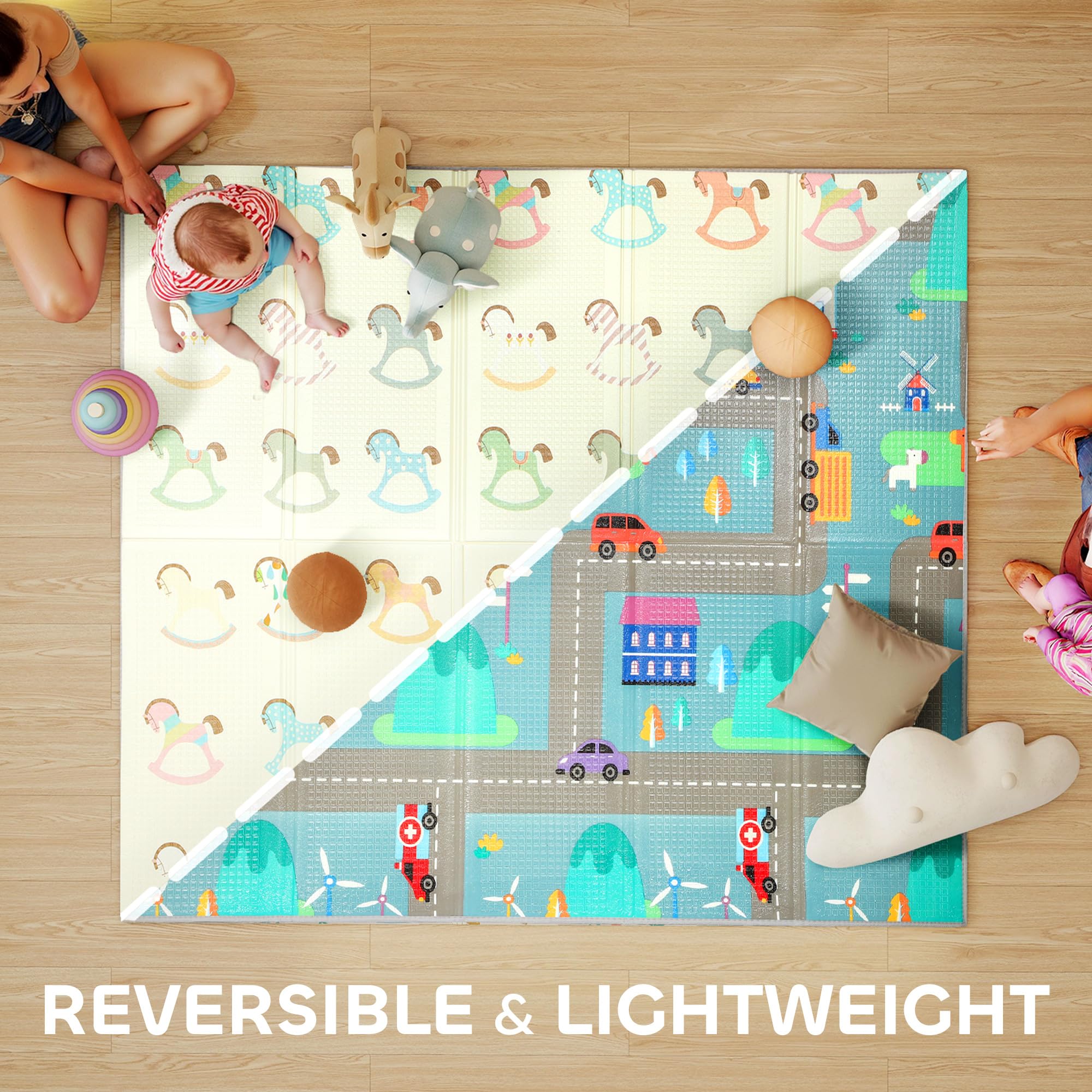 AIYAPLAY Doppelseitige faltbare Babymatte wendbar 200x180 cm | Wasserabweisend, Große Schaumstoffmatte, Schlafzimmer, Kinderzimmer, Verkehrs- und Schaukelpferd-Thema