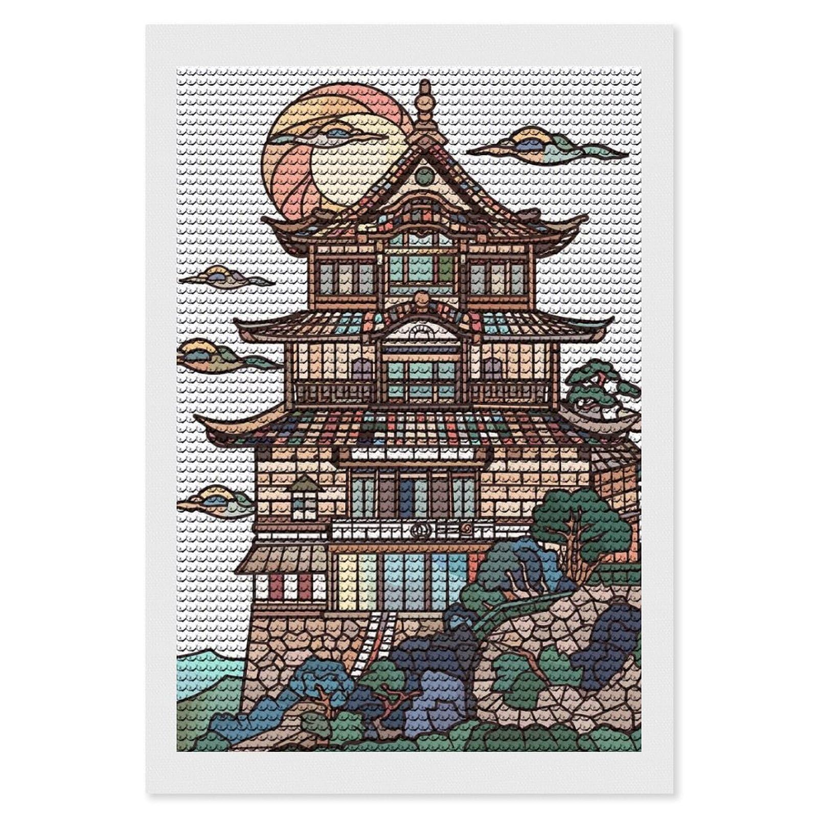 Junmoney Traditional Japanese Building with Sun and Clouds Diamond Painting Kit 8"x12", Easy Handmade Project, Easy to Enjoy, Aesthetic Room Decor, Christmas Gift
