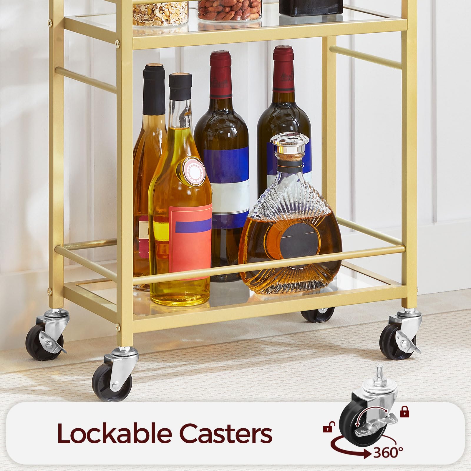 MAHANCRIS Bar Cart for The Home, 3-Tier Drink Cart on Wheels, Home Bar Serving Cart, Mini Bar Cart for Small Space, Rolling Kitchen Carts for Bar, Kitchen, Dining Room, Gold RCJW4001: Stylish