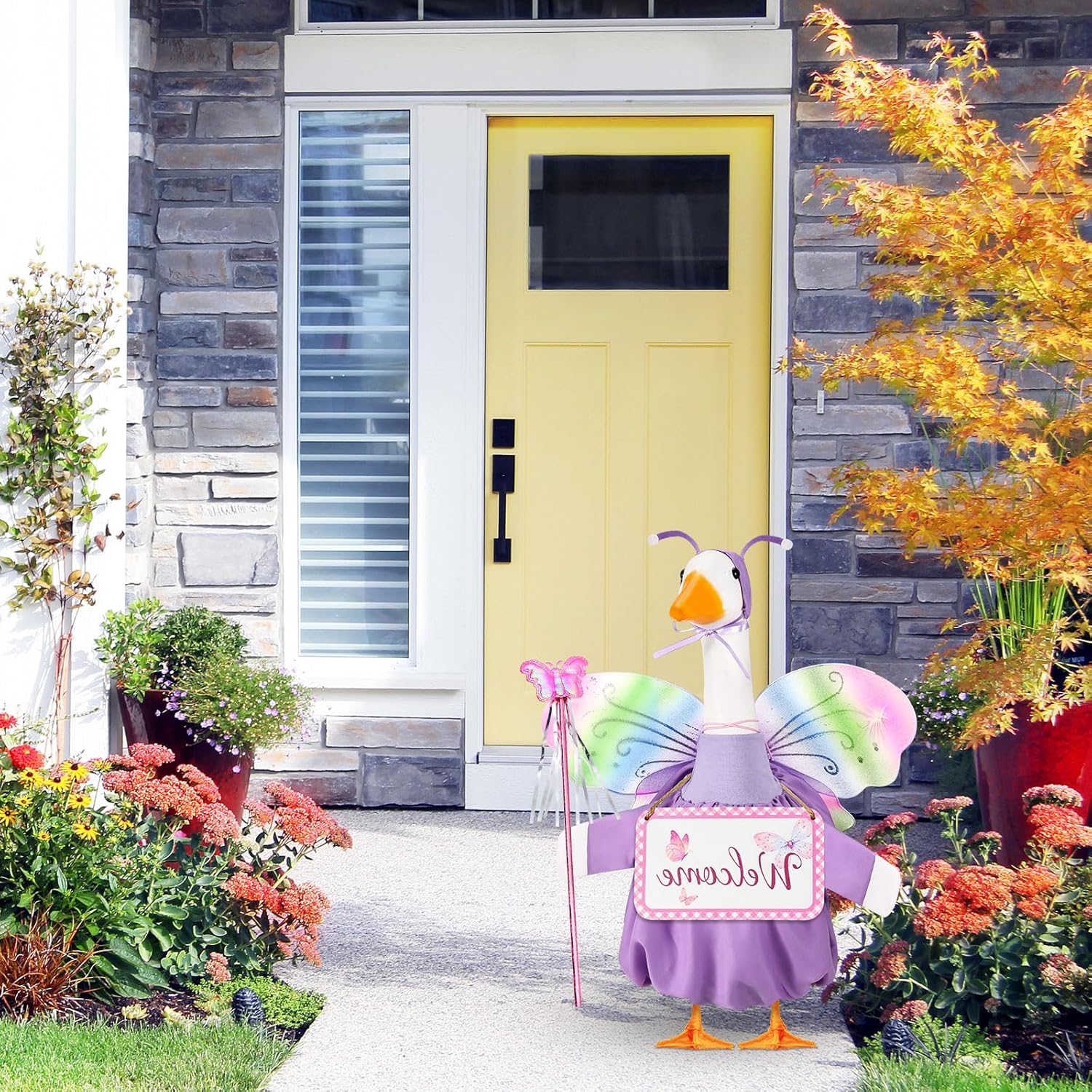 Mindsoft 2 Pcs Spring Porch Goose Outfit with Welcome Wooden Sign with Wings for 23" Cement Plastic Goose Statue Outdoor Patio Yard Lawn Art Decoration(Butterfly)