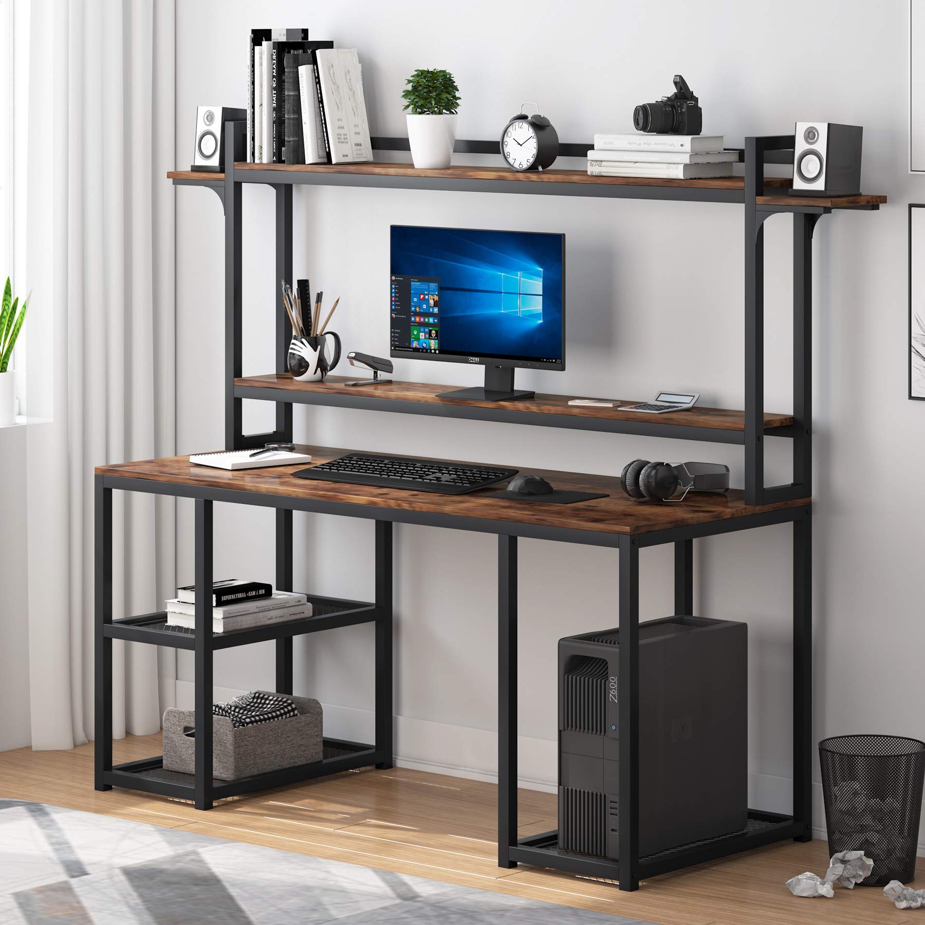Tribesigns Computer Desk with Hutch and Bookshelf, 55 Inch Large Writing Study Table with Monitor Stand and Storage Shelf, Modern Gaming Desk Workstation for Home Office