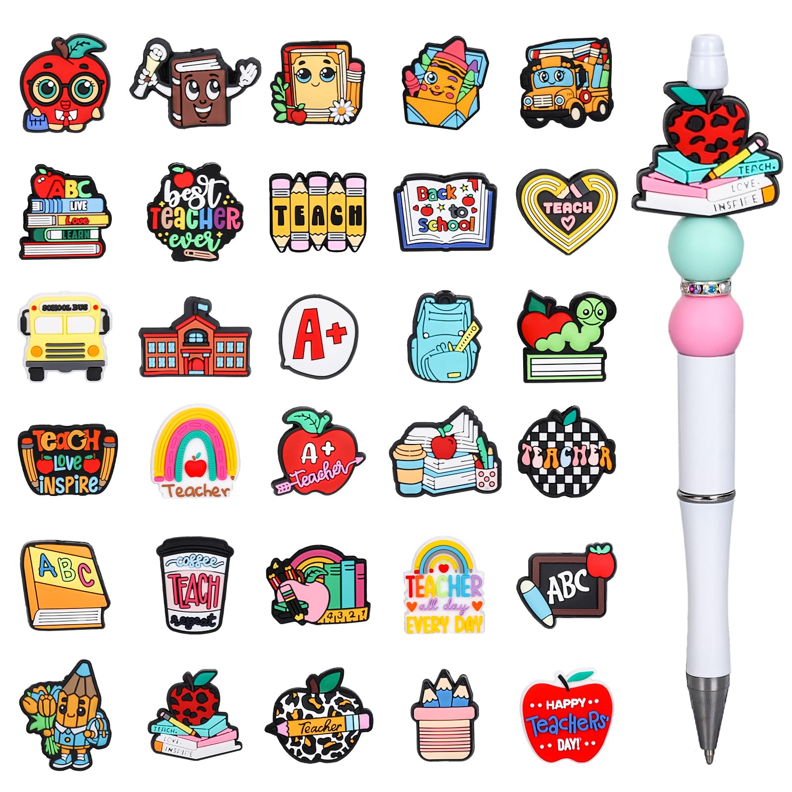 JarThenaAMCS 30 Pcs Multicolored Silicone Focal Beads - Back to School, Teacher Appreciation, DIY Crafts - Round & Cylindrical Loose Beads