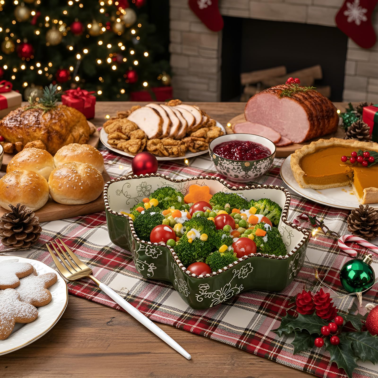 Vesici Keramik-Kuchenform, 22,9 cm, Weihnachtsbaum-Backform, 765 ml, tiefer Quiche-Teller, geriffelte Kuchenform, Backform für Küche, Kochen, Braten, Lasagne (grün)