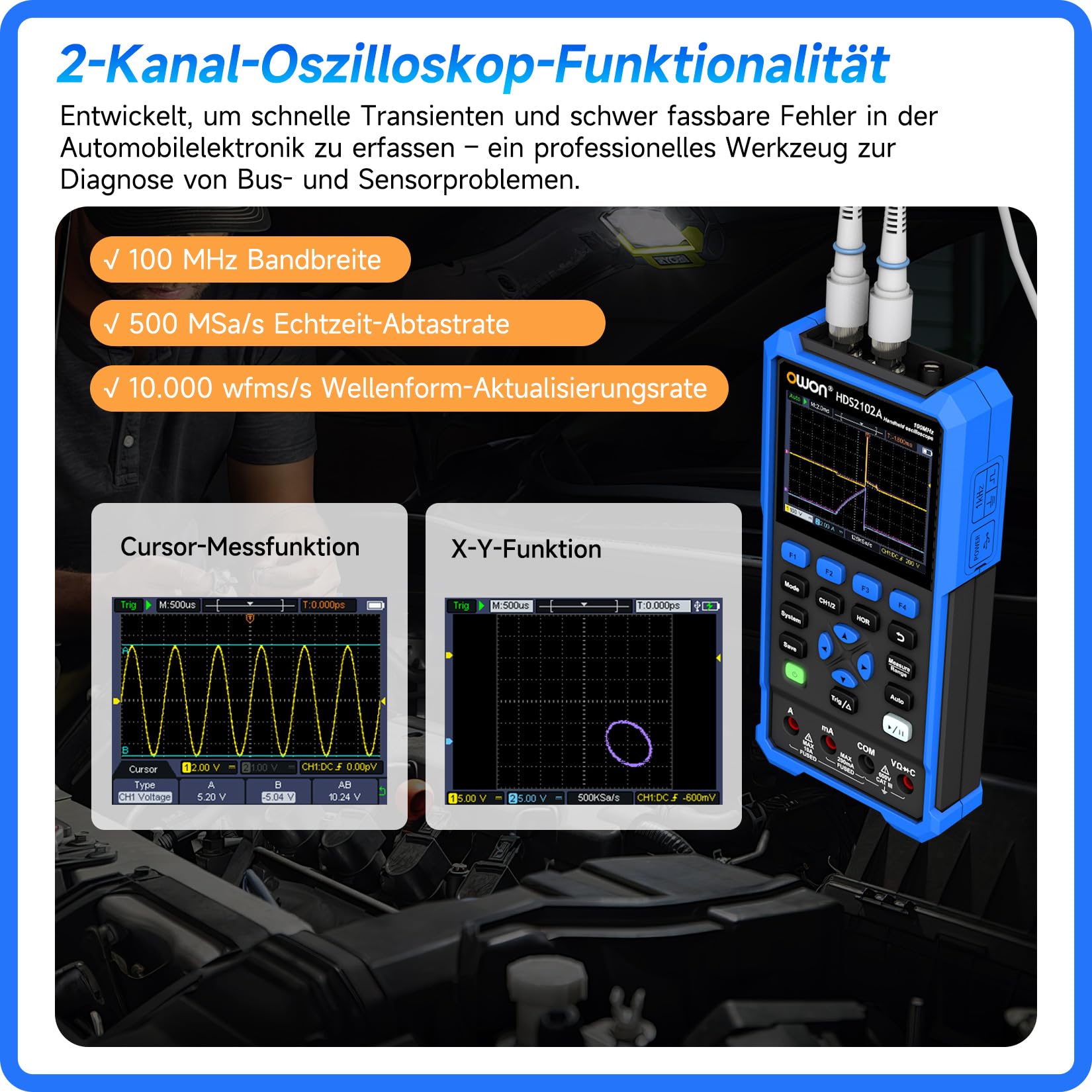 OWON HDS2102A Kfz Diagnose Oszilloskop mit hochauflösendem 3,5 Zoll Display, 100MHz Bandbreite, 2 Kanälen, 500 MSa/s, 3 in 1 Multimeter und Kfz Fehlerdiagnosegerät mit Typ C-Anschluss (Standard)