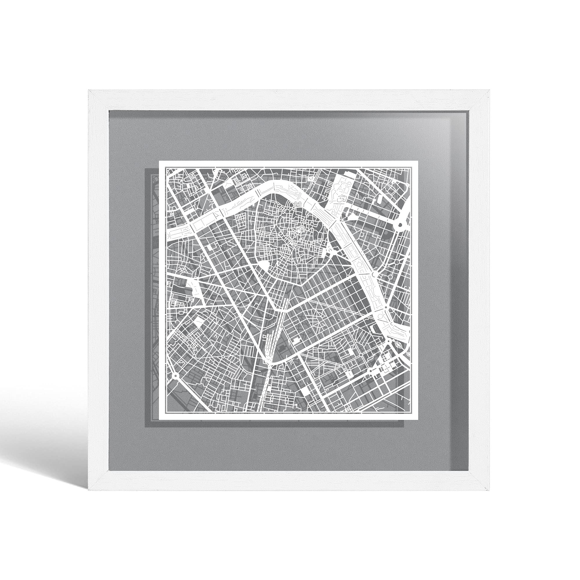 O3 DESIGN STUDIO Valencia Paper Cut Map framed, White map, White frame, 23x23 cm, Gift Boxed, 4 background color, self-changing, Paper Art