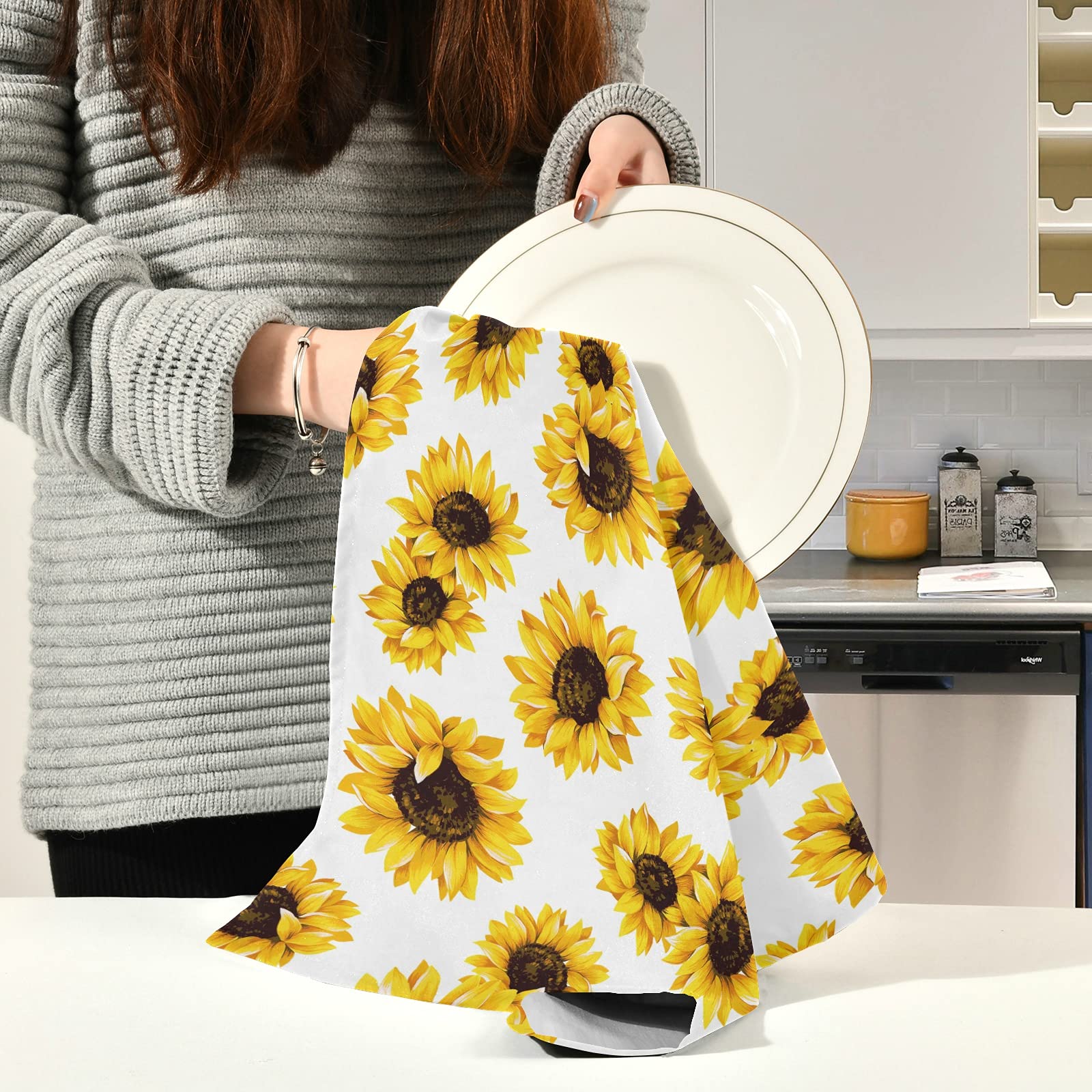 Set Di 4 Strofinacci Da Cucina Con Stampa Girasole - Asciugatura Rapida, 40x60 Cm