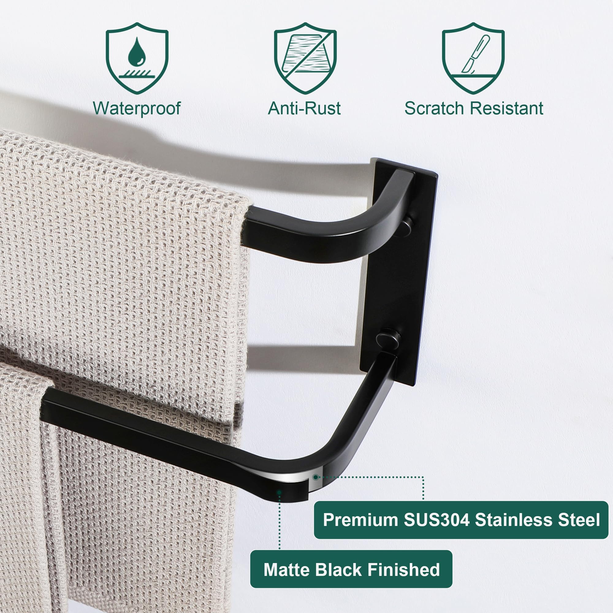 EXLECO Handdoek Rail 40cm Zwart Handdoekhouder 304 Rvs Muurbevestiging Matte Afwerking Handdoek Ring Bar voor Badkamer en Keuken