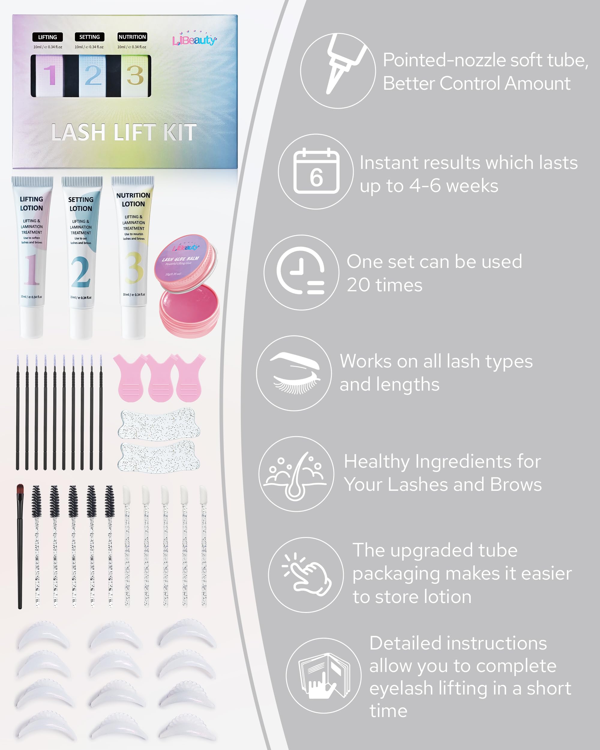 Libeauty Kit Lifting de Pestañas y Laminación de Cejas, Diseño en Tubo para Fácil Aplicación, Control Preciso, Ricci Naturales, Uso en Casa y Salón