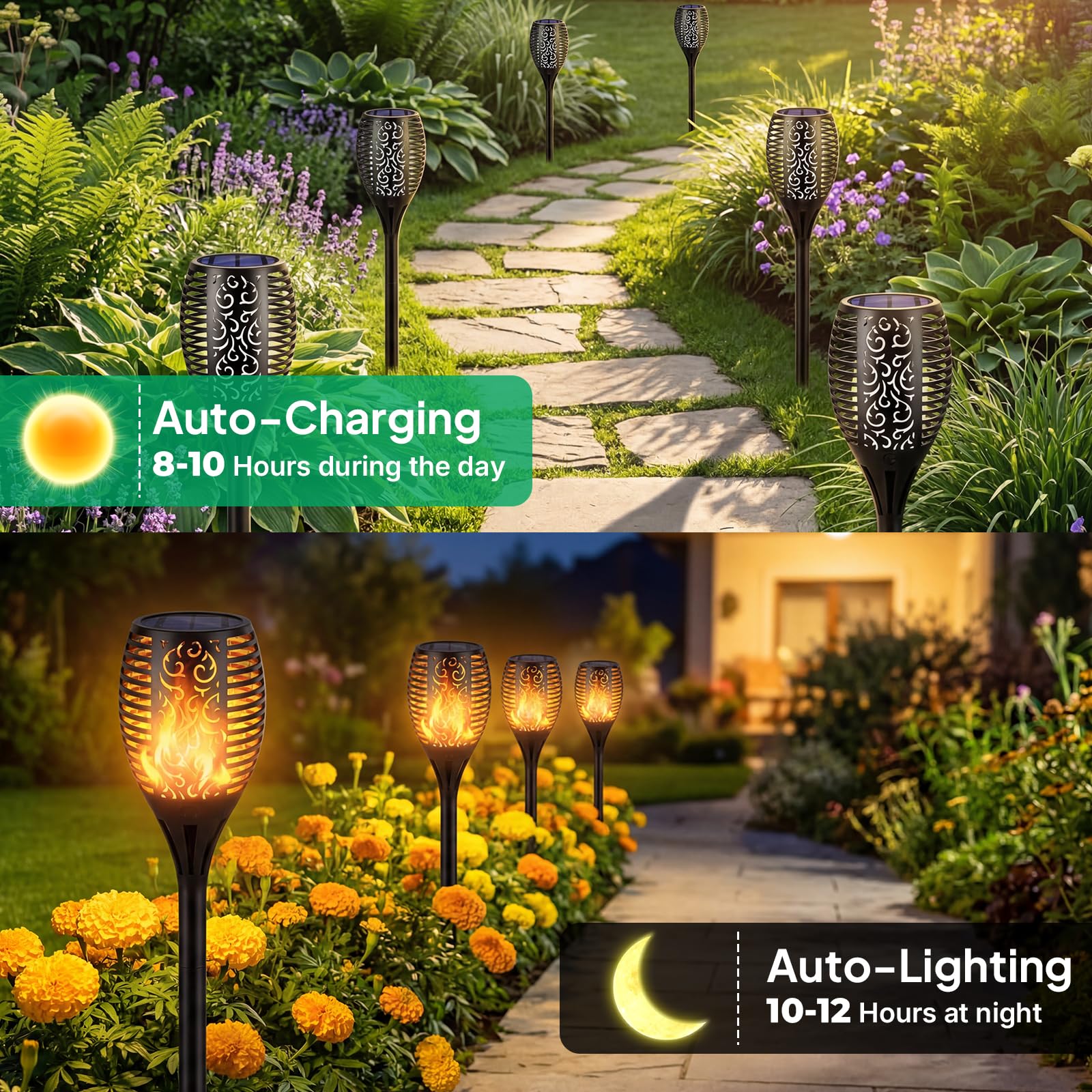TomCare Solarleuchten für den Außenbereich, flackernde Flamme, solarbetriebene Wegelichter, Weihnachtsdekorationen für Garten, Terrasse, Hof, Landschaft, 6 Stück