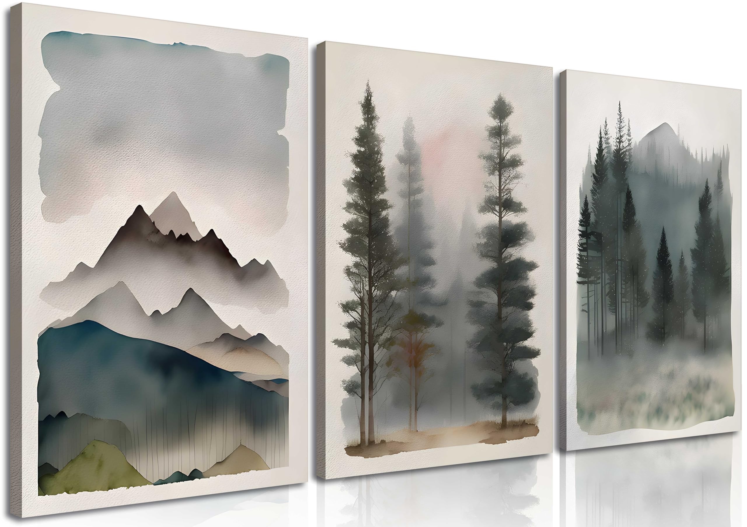 3Pcs Mountain Forest Wall Art Watercolor Landscape Canvas Posters Prints Natural Abstract Tree Forest Modern Wall Decor Pictures for Living Room Bedroom Decoration Framed