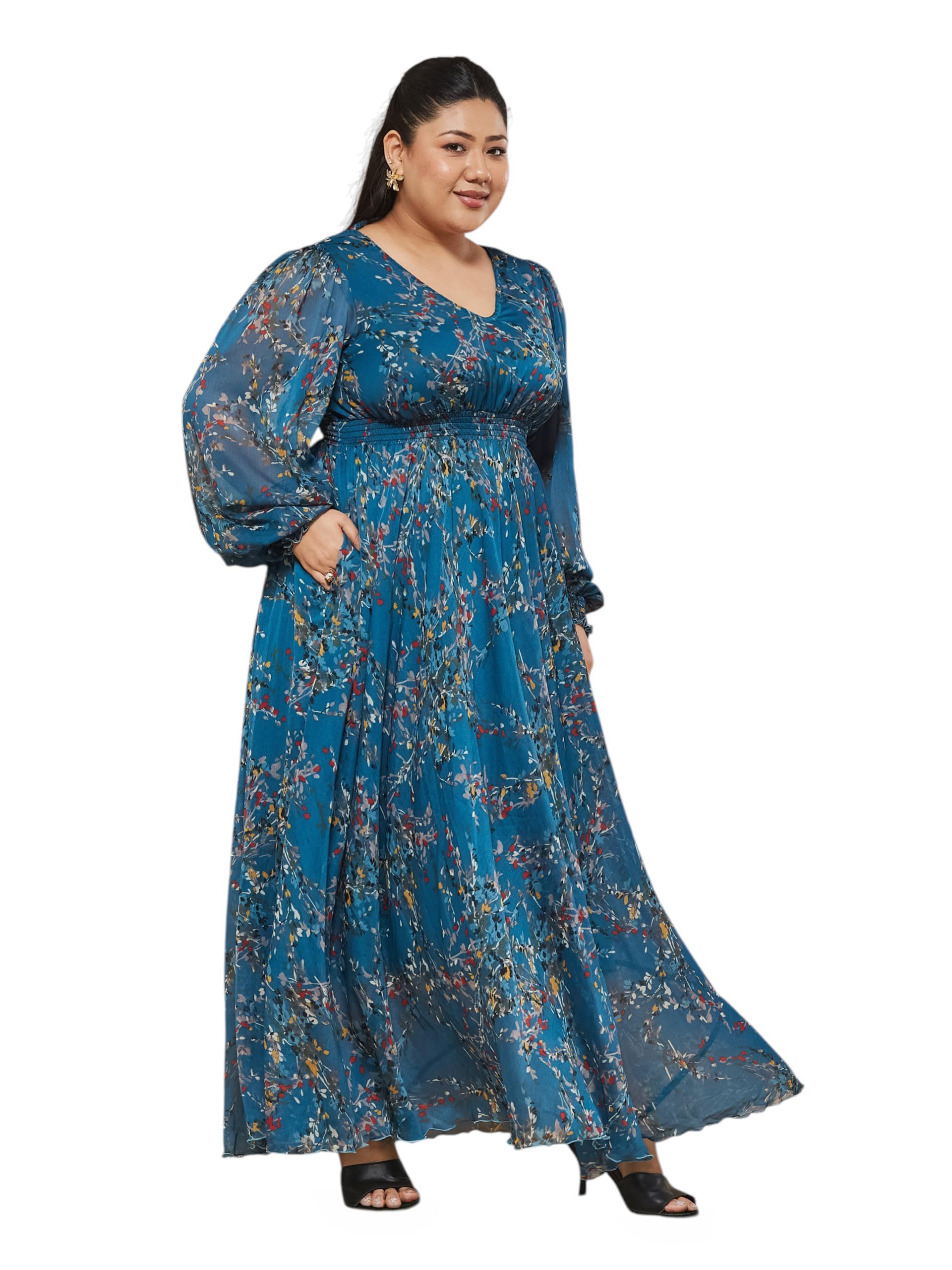 miss chase a+ Women's V-Neck Smocked Bishop Sleeve Floral Gathered Chiffon Maxi Dress-picture-23
