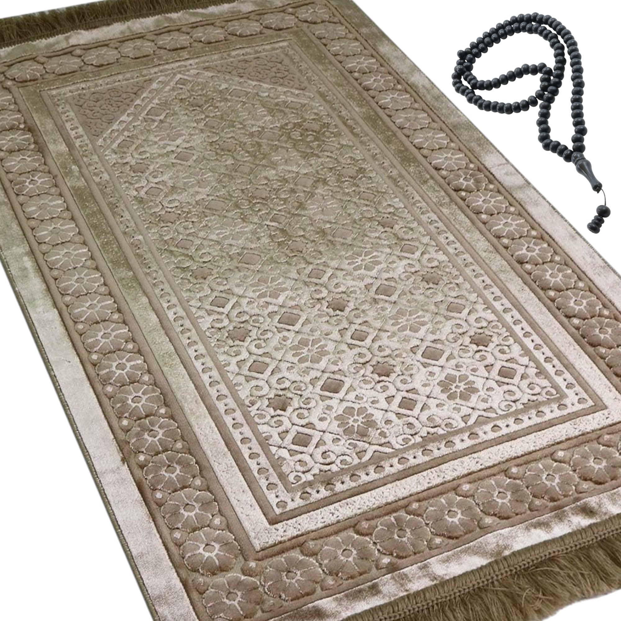 Modefa Velvet Prayer Rug with Prayer Beads Turkish Janamaz Sajadah Floral Stamp Luxury Plush (Mink)