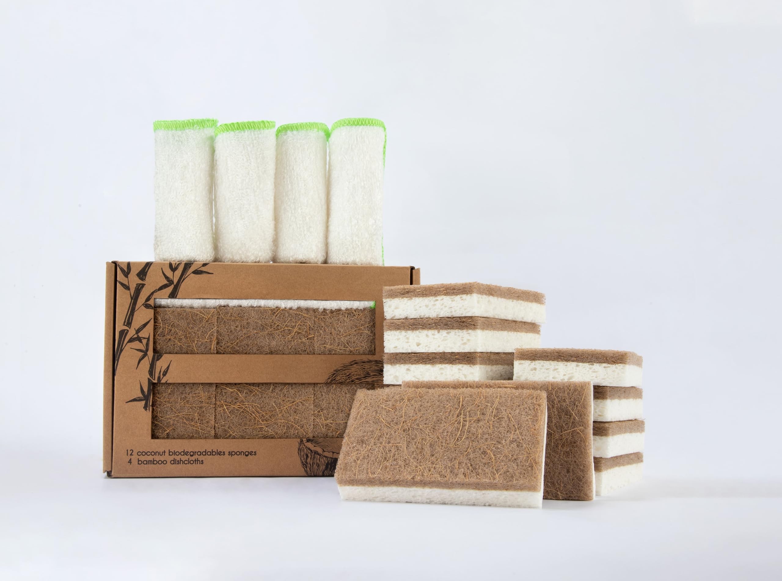 Natural Kitchen Sponge- Coconut Base Dish Sponge and Rayon derived from Bamboo Dishcloth Bundle- 12 Coconut Scrubbers & 4 Pieces Rayon derived from Bamboo Dishcloth- Kitchen Cleaning Essentials