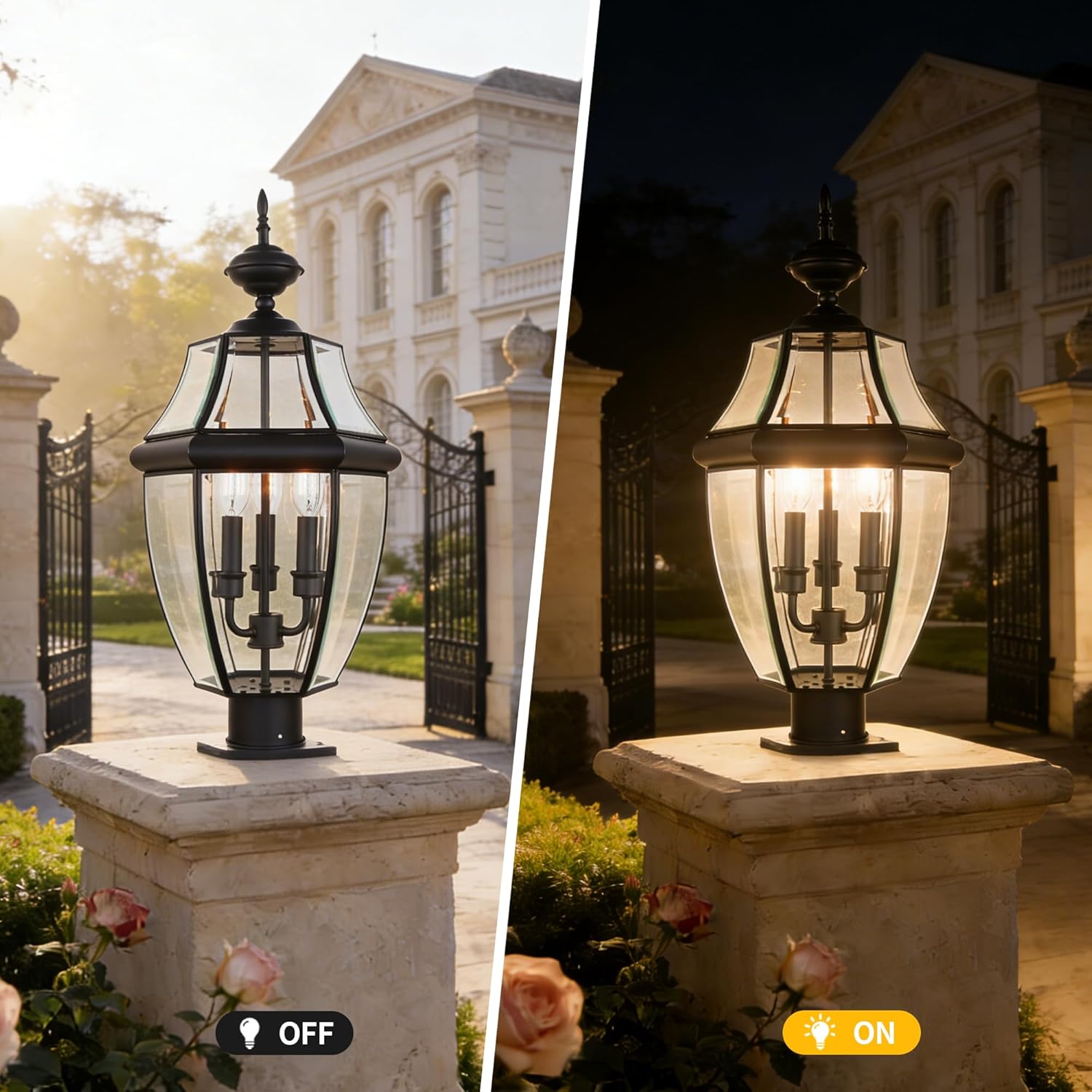 Kalium Outdoor Post Lights, 3 Light Lamp Post Light Fixture Hardwired with Clear Beveled Glass, 23" Large Waterproof Lamp Pillar Fixtures for Yard Pathway Porch Patio 60W Matte Black