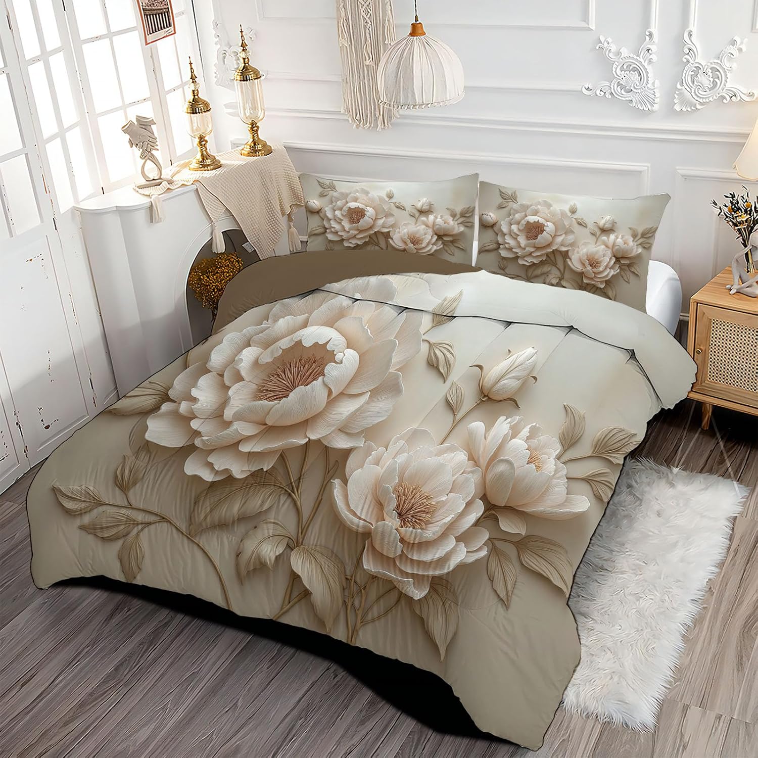 Retro Distressed Comforter Set King Size, Peony Branches and Leaves Bedding Set for Girls Boys, Apricot Quilt Bed 104"X90" Bedding Comforter Sets with 2 Pillowcase Room Decor