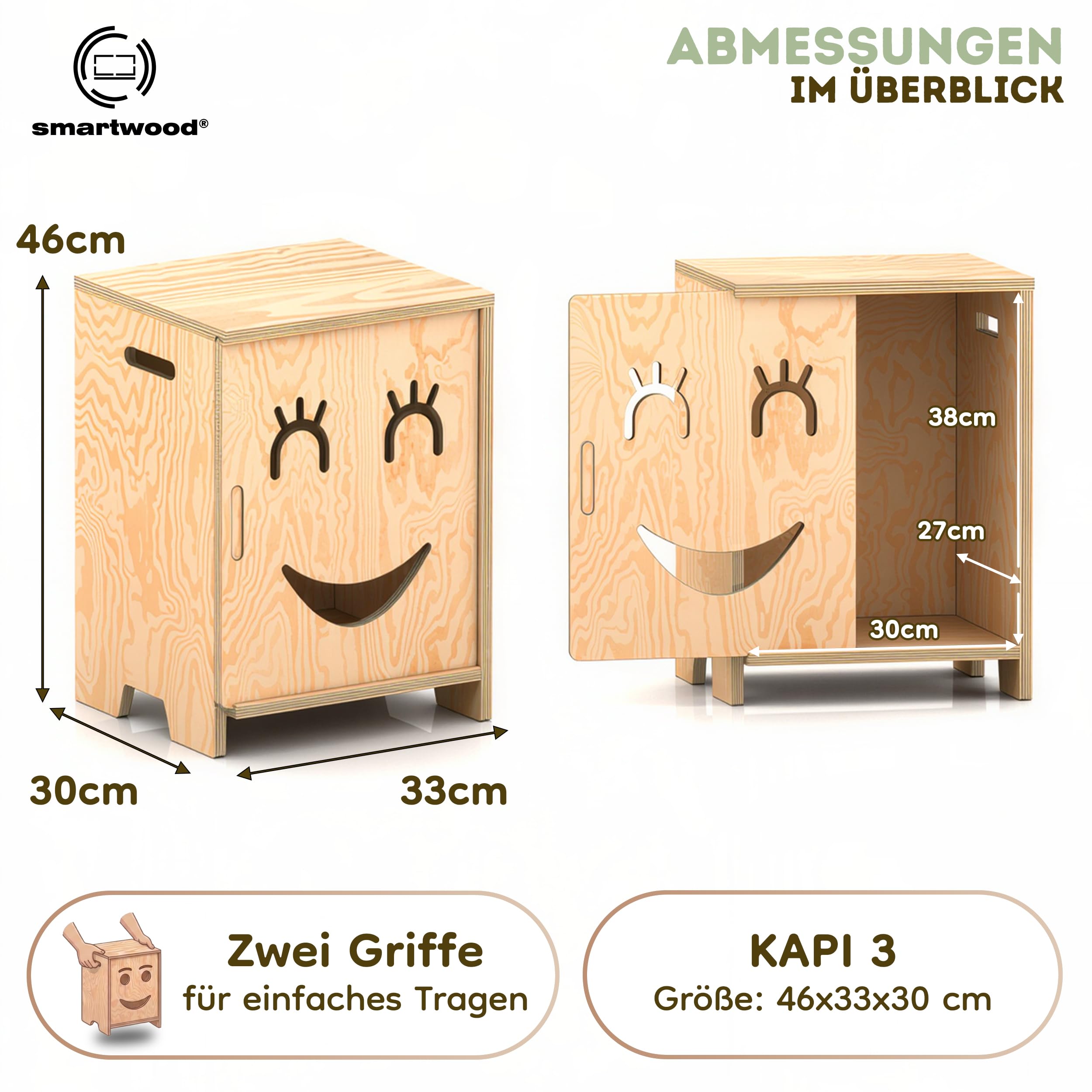 smartwood Nachttisch Kinderzimmer - Montessori Nachttisch aus FSC-zertifiziertem Kiefernholz - Kindgerechtes Design, stabile Konstruktion & einfache Montage - KAPI 3L