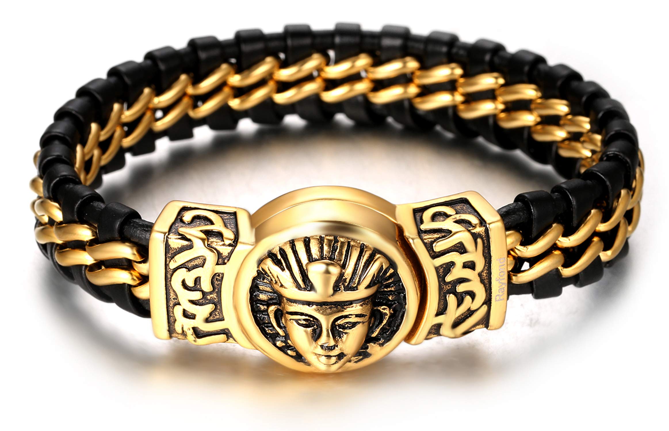 RayfondEmpire 1 Men's German Tungsten Steel Double Gold Chain Pharoah Clasp Bracelet Black Leather 22cm Harley Knight with Free Giftbox