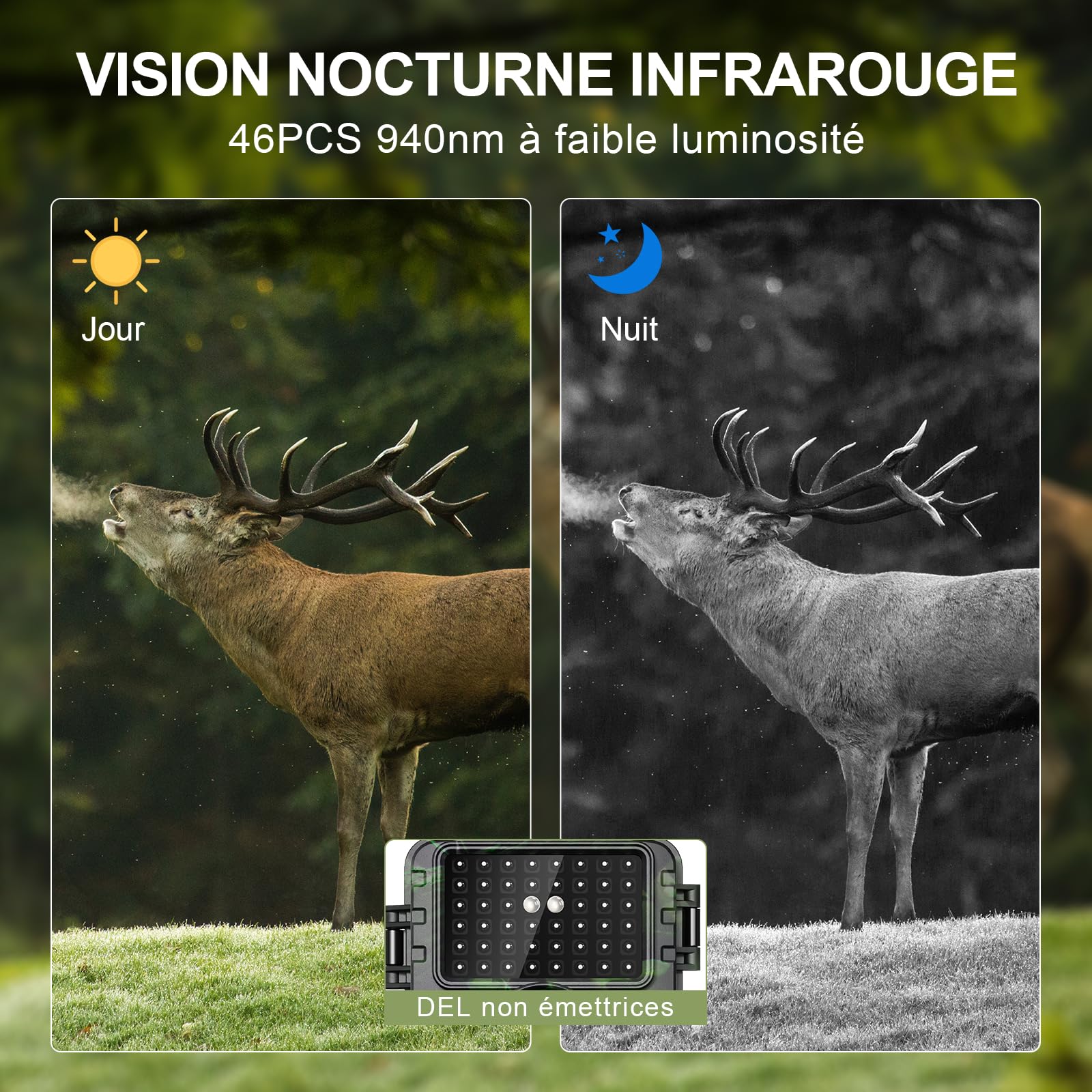 Camera de Chasse, Camera Chasse WiFi 4K/60MP Full HD, Détecteur de Mouvement, Vision Nocturne, Temps de Déclenchement de 0,1S, Caméra IR Pour Animaux Sauvages avec Carte SD 32GB & Lecteur de Cartes