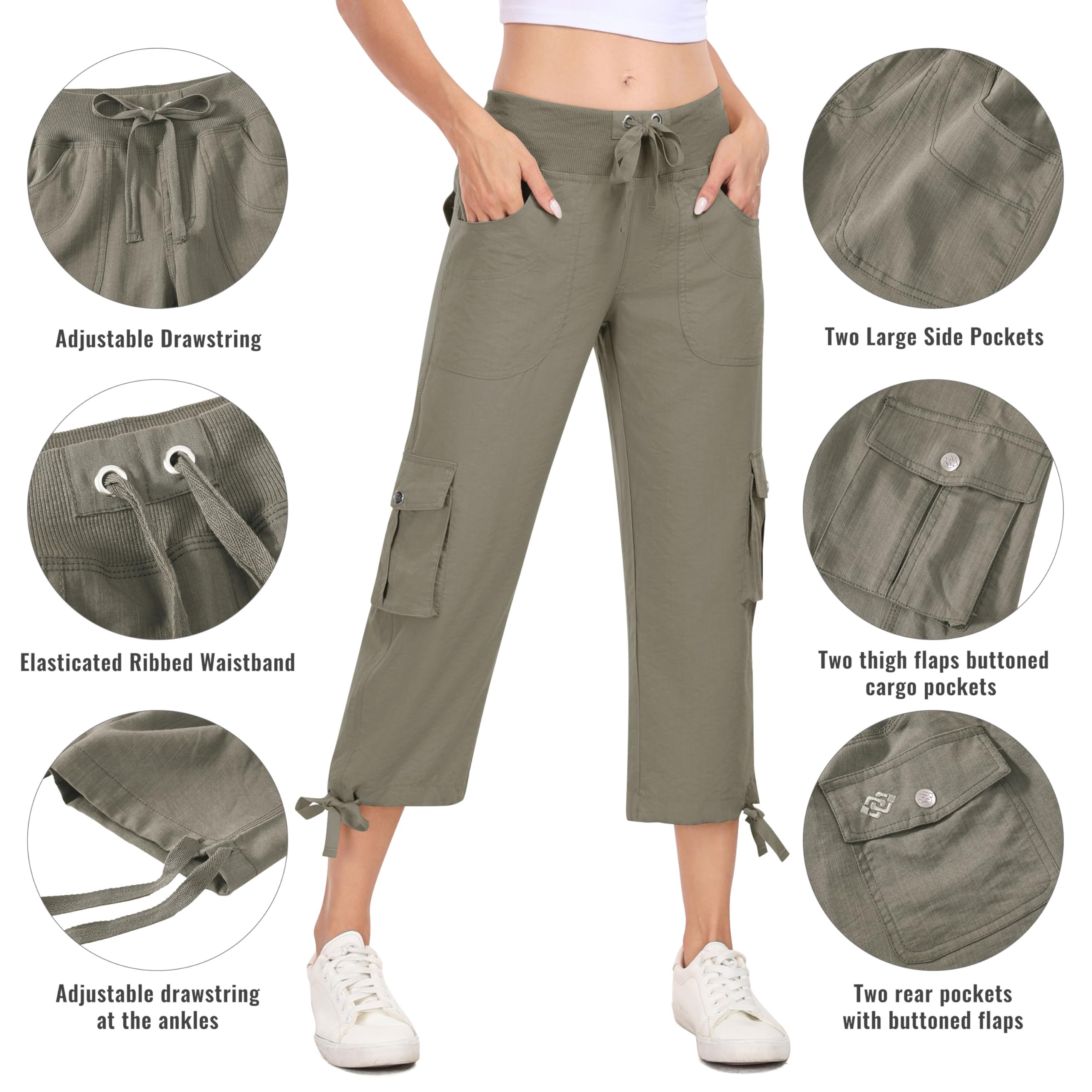 MoFiz Pantalon 3/4 Femme été Pantacourt Cargo de Randonnée Voyage Pantalon Capri de Mode avec 6 Poches