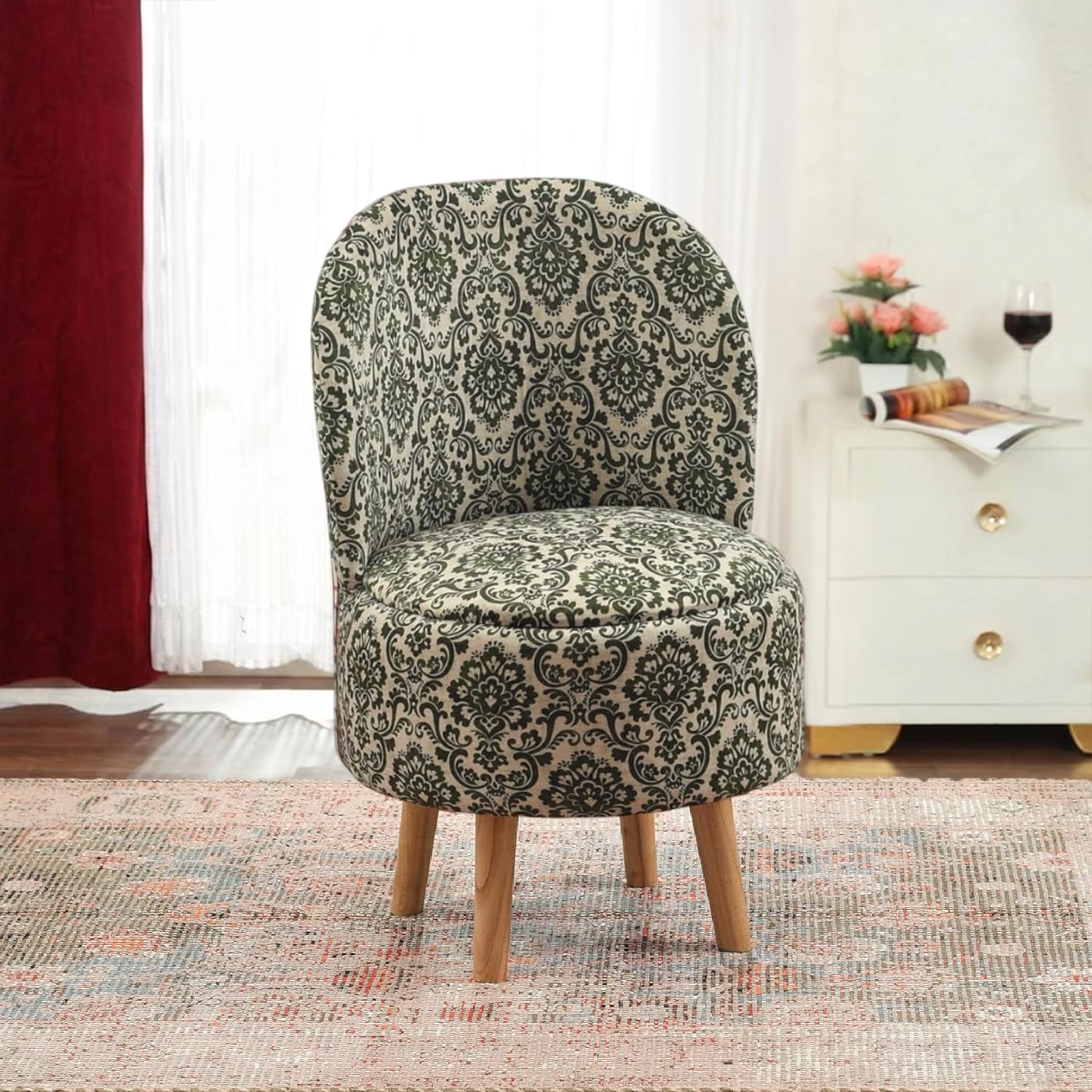 NACIA Printed Ottoman Chair Pouffe Stool (18x32 Inch) | Stylish Mudda Footrest & Seat for Living Room | Puffy Foam Wooden Leg Stool | Perfect Pouf for Home Décor, Sofa & Dressing Table (Green Damask)-image-29