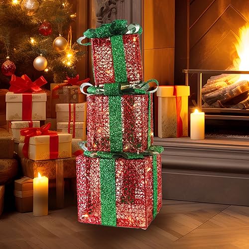 Miniatura 5 de Decoraciones de caja de regalo de luz de Navidad, juego de 3 piezas, regalos con cable previamente encordados con lazos, ilumina las decoraciones de
