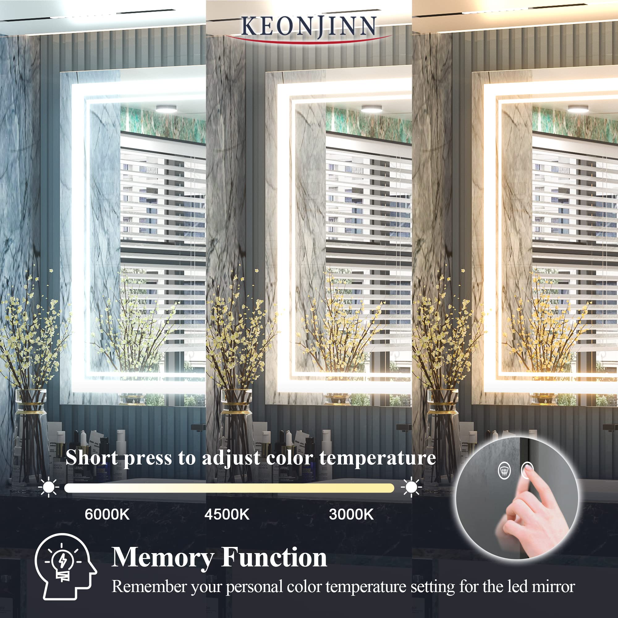 Keonjinn 48 x 30 Inch LED Mirror Bathroom Mirror with Lights, Adjustable 3-Colors White/Warm/Natural Light, Wall Mounted Lighted Vanity Mirror Anti-Fog Dimmable Makeup Mirrors(Horizontal/Vertical)