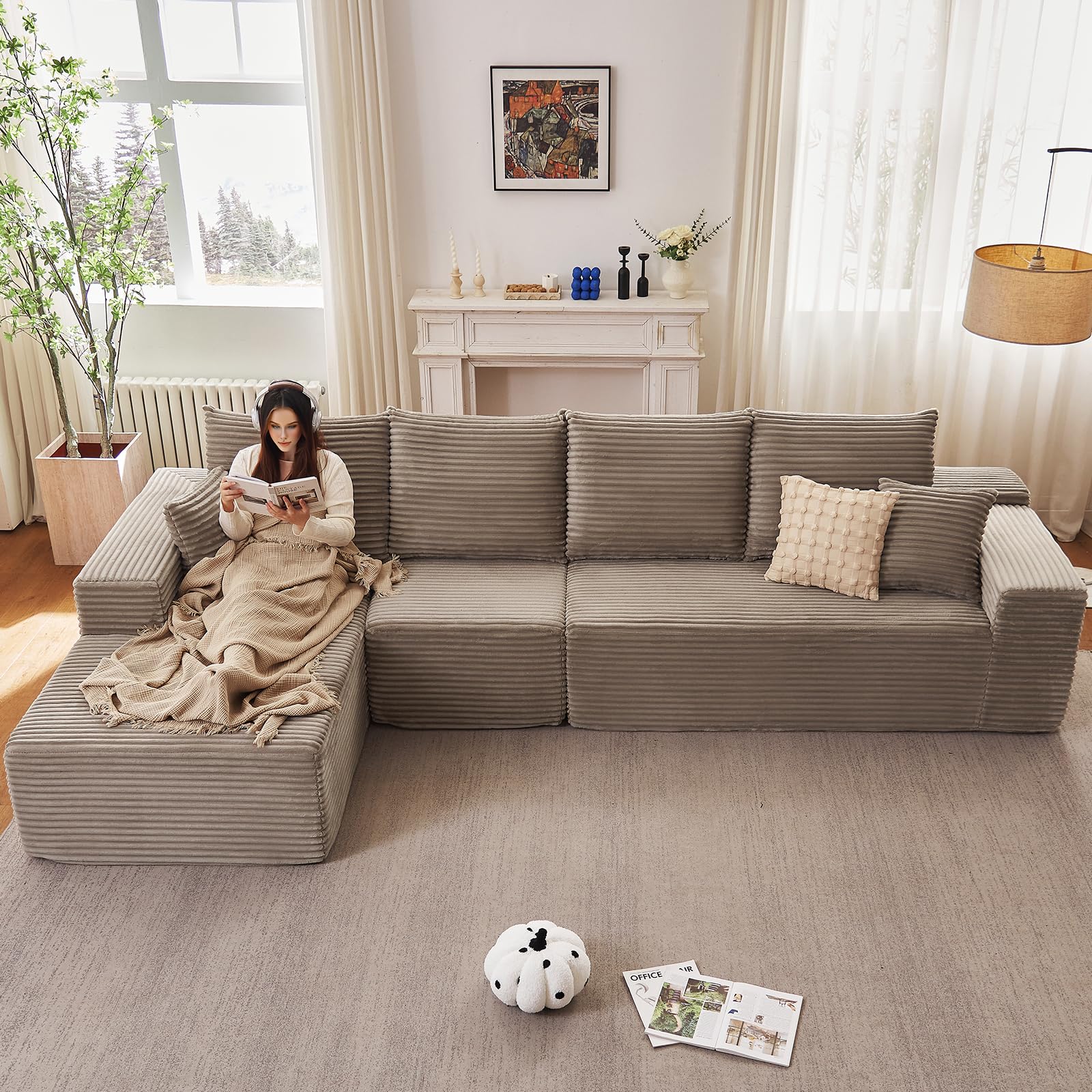 135.4" Modular Sectional Sofa, Modern Corduroy Cloud Couch with Deep Seat, Boneless Couch Upholstered 4-Seater L-Shaped Sofa for Living Room, No Assembly Required (Camel, Left-Facing Chaise)