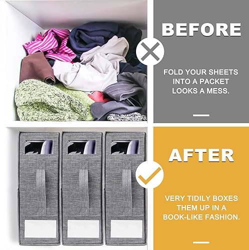 Miniatura 9 de Organizador de sábanas, paquete de 2 organizadores plegables de lino y almacenamiento de ropa de cama tamaño matrimonial o individual, organizador