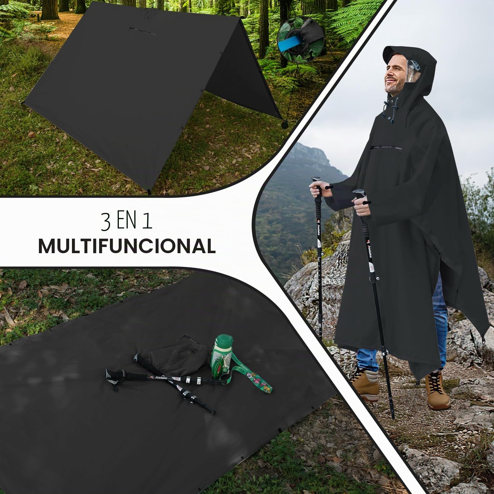 Andake Poncho de Lluvia con Capucha Chubasquero Impermeable Ligero Multifuncional como Toldo Manta Estera de Camping para Senderismo Ciclismo