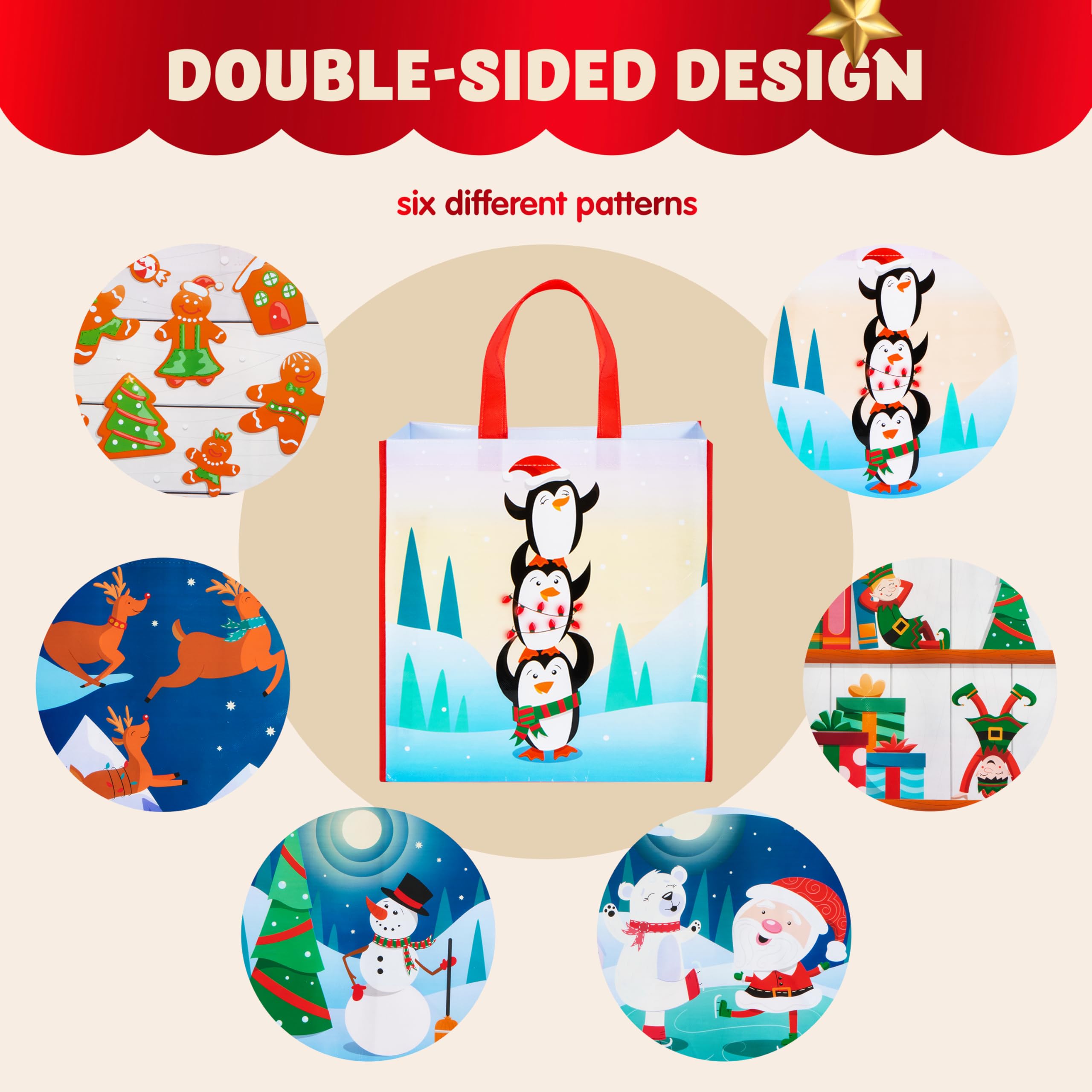 JOYIN 12 Bolsas de Asas Grandes Navideñas de 34 x 35cm Bolsas Reutilizables para Compras Navideñas, Bolsas de Regalos para Fiestas de Navidad