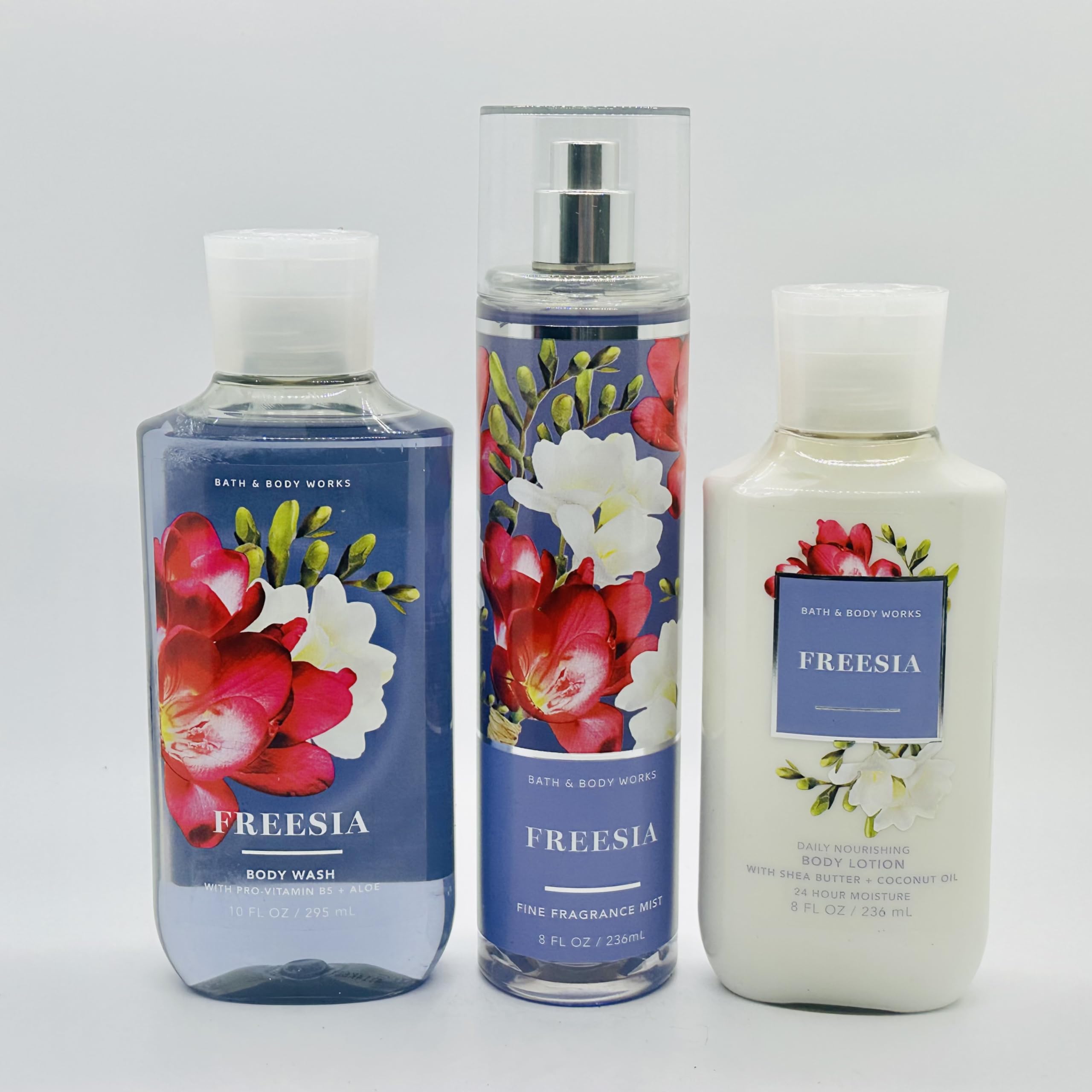 GenericFor Bath & Body Freesia Fine Fragrance Mist 8 fl oz, Nourishing Body Lotion 8 fl oz & Body Wash 10 fl oz Set, Set of 3, Gift for Women, Regular