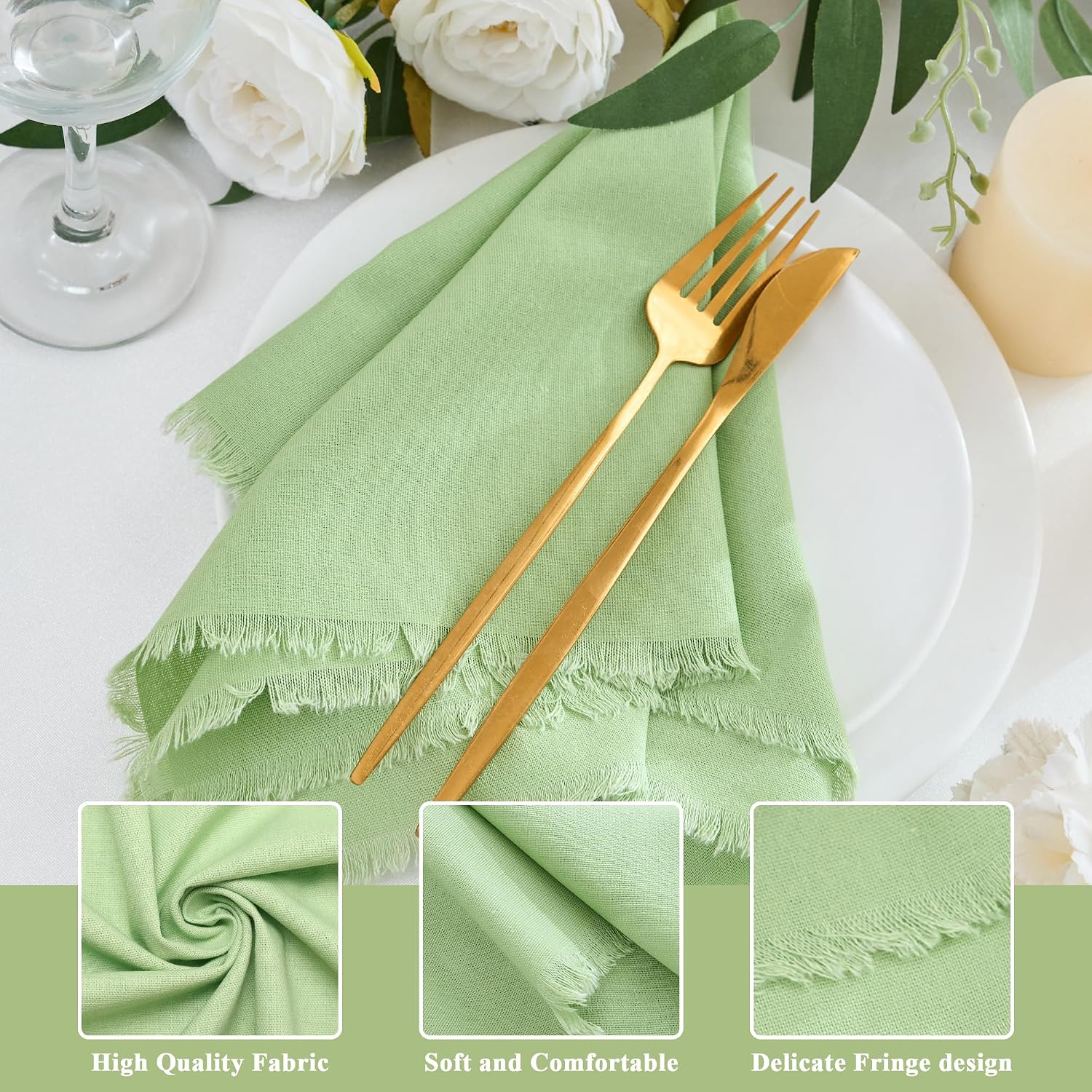 Handmade Cloth Napkin with Fringe Set of 12 Sage Green Cotton Napkin image 3