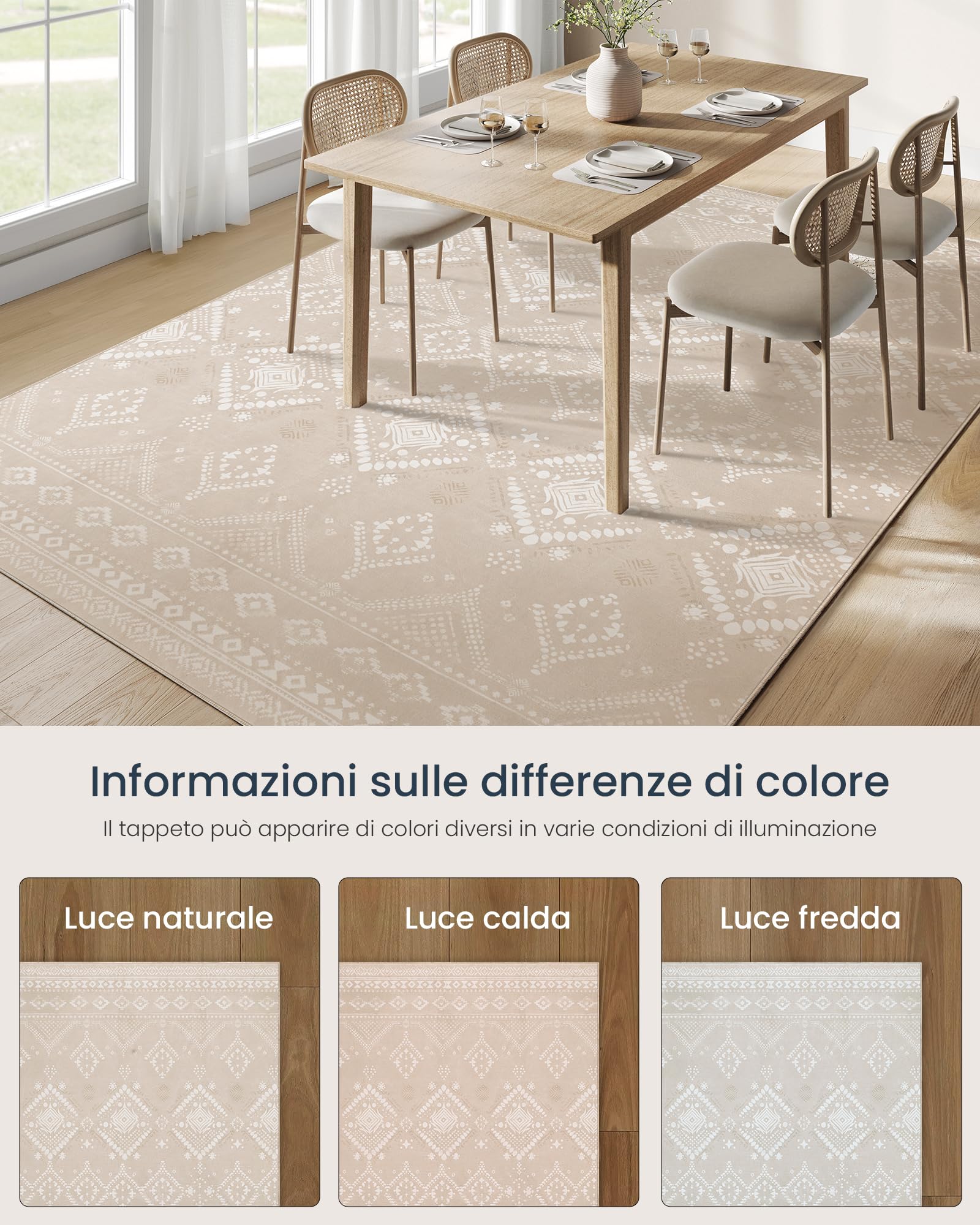 SONGMICS HOME Tappeto per Soggiorno, 200 x 290 cm Tappeto Salotto Antiscivolo, per Soggiorno Camera da Letto Cameretta, Lavabile in Lavatrice, Stile Boho, Beige Cappuccino TAR214L01